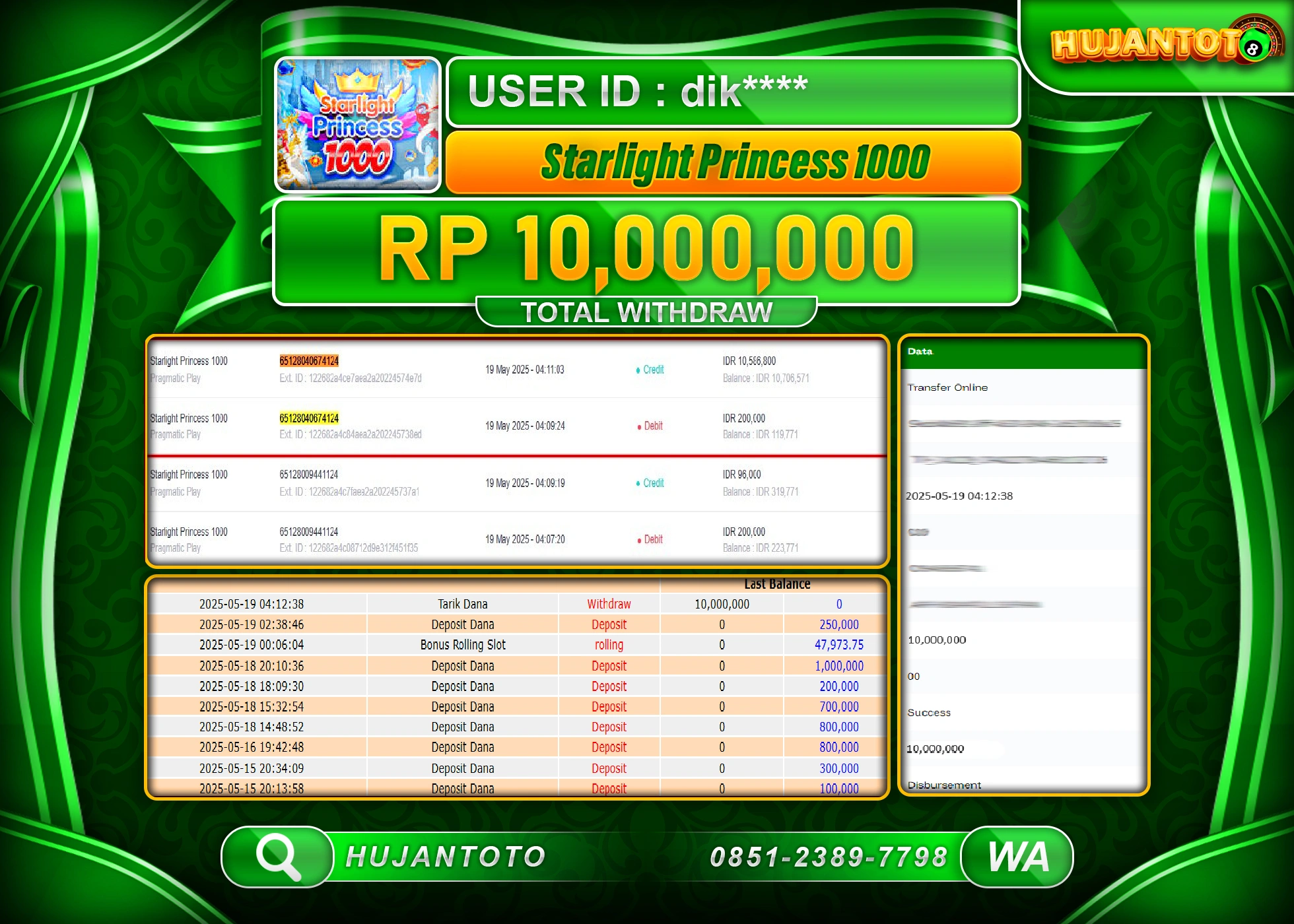 HUJANTOTO - BUKTI JACKPOT MENANG SLOT STARLIGHT PRINCESS 1000 Rp,10,000,000 - TERBAYAR LUNAS