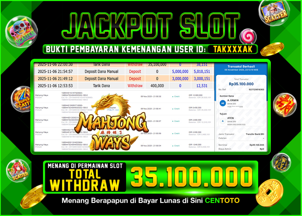 BUKTI JACKPOT SLOT CENTOTO RP.35.100.000,-LUNAS