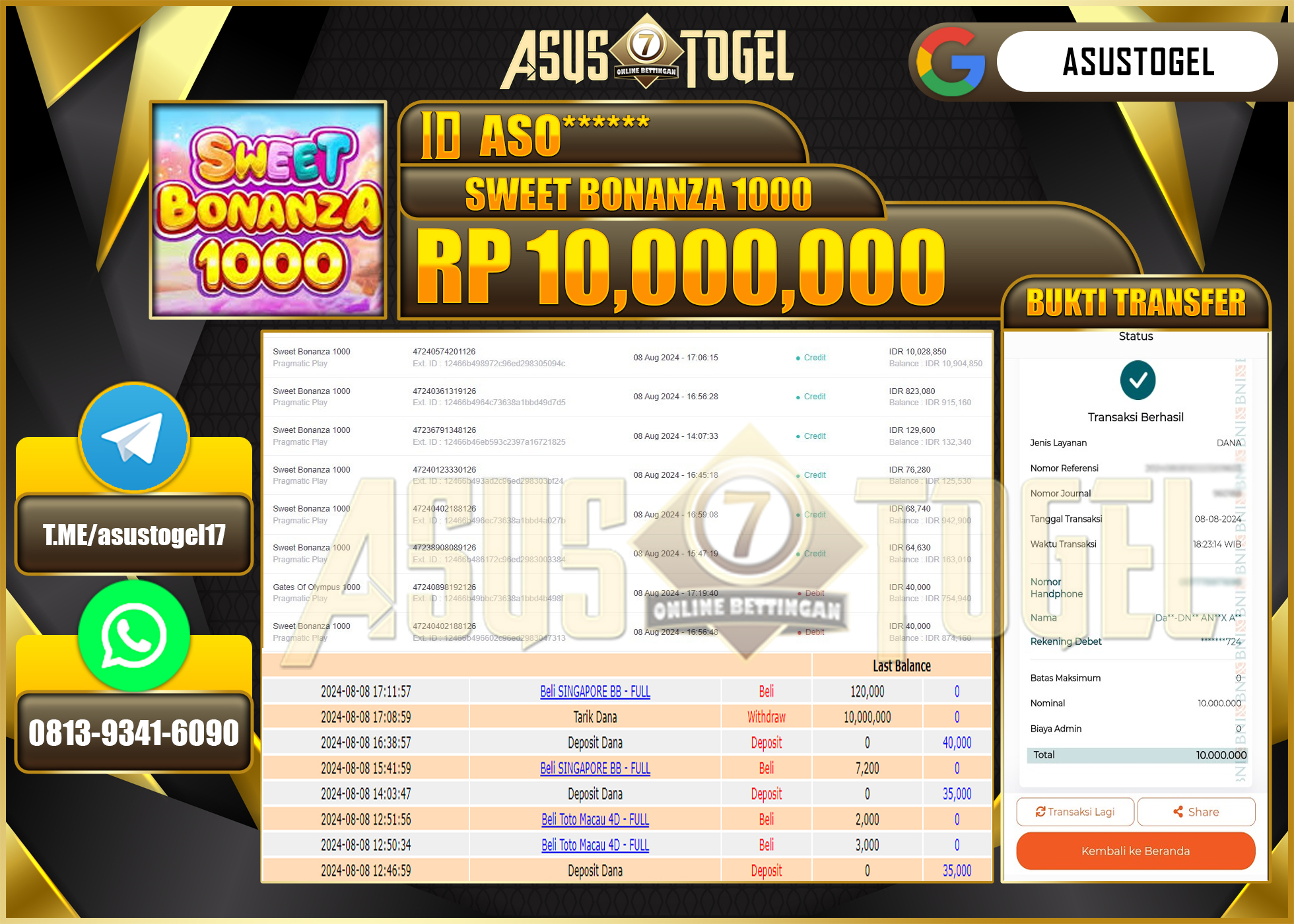 ASUSTOGEL KEMENANGAN     DI      SLOT       MENANG         SWEET BONANZA  1000        SEBESAR 10,000,000- RUPIAH LUNAS