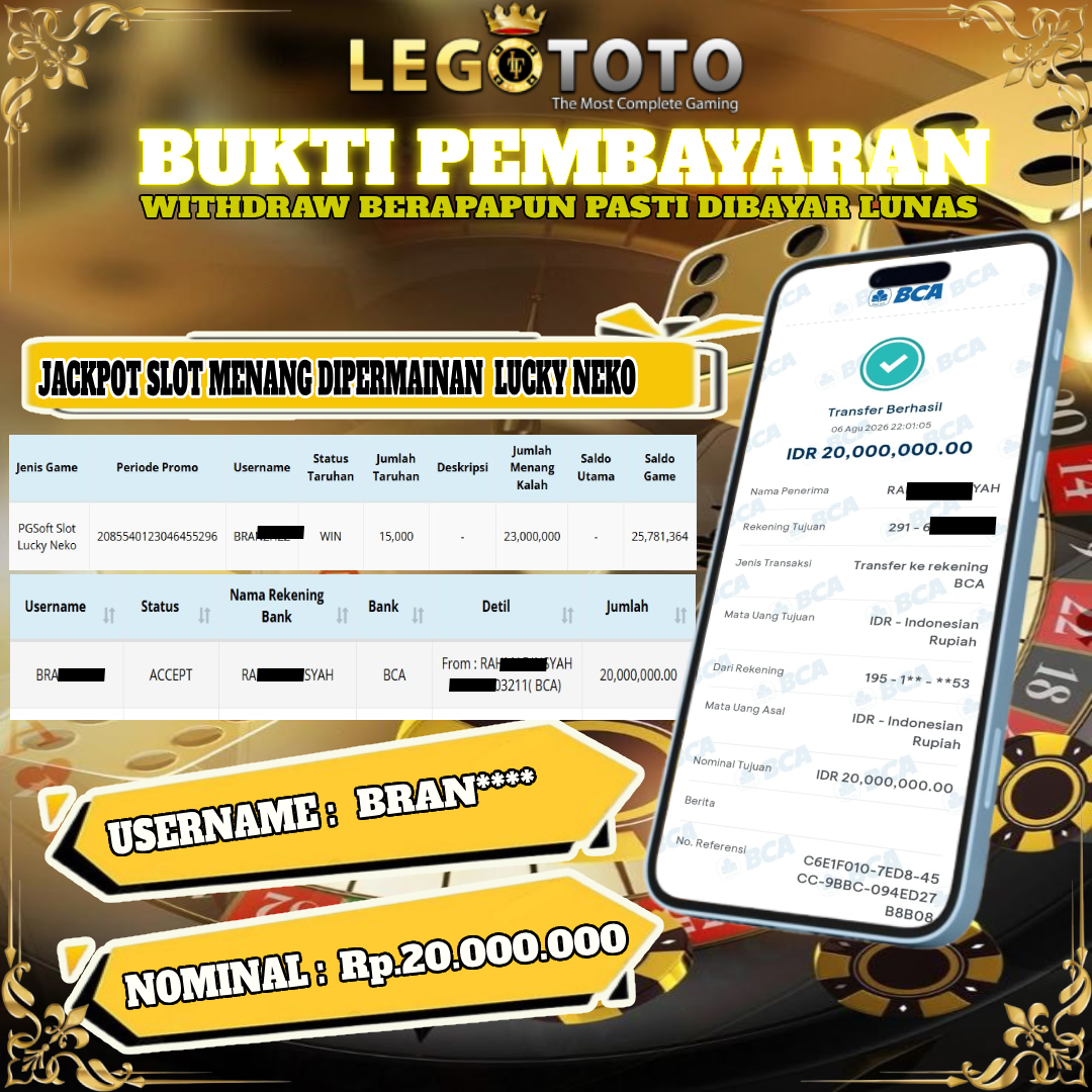  🏆 BUKTI KEMENANGAN MEMBER LEGOTOTO SLOT LUCKY NEKO🏆
