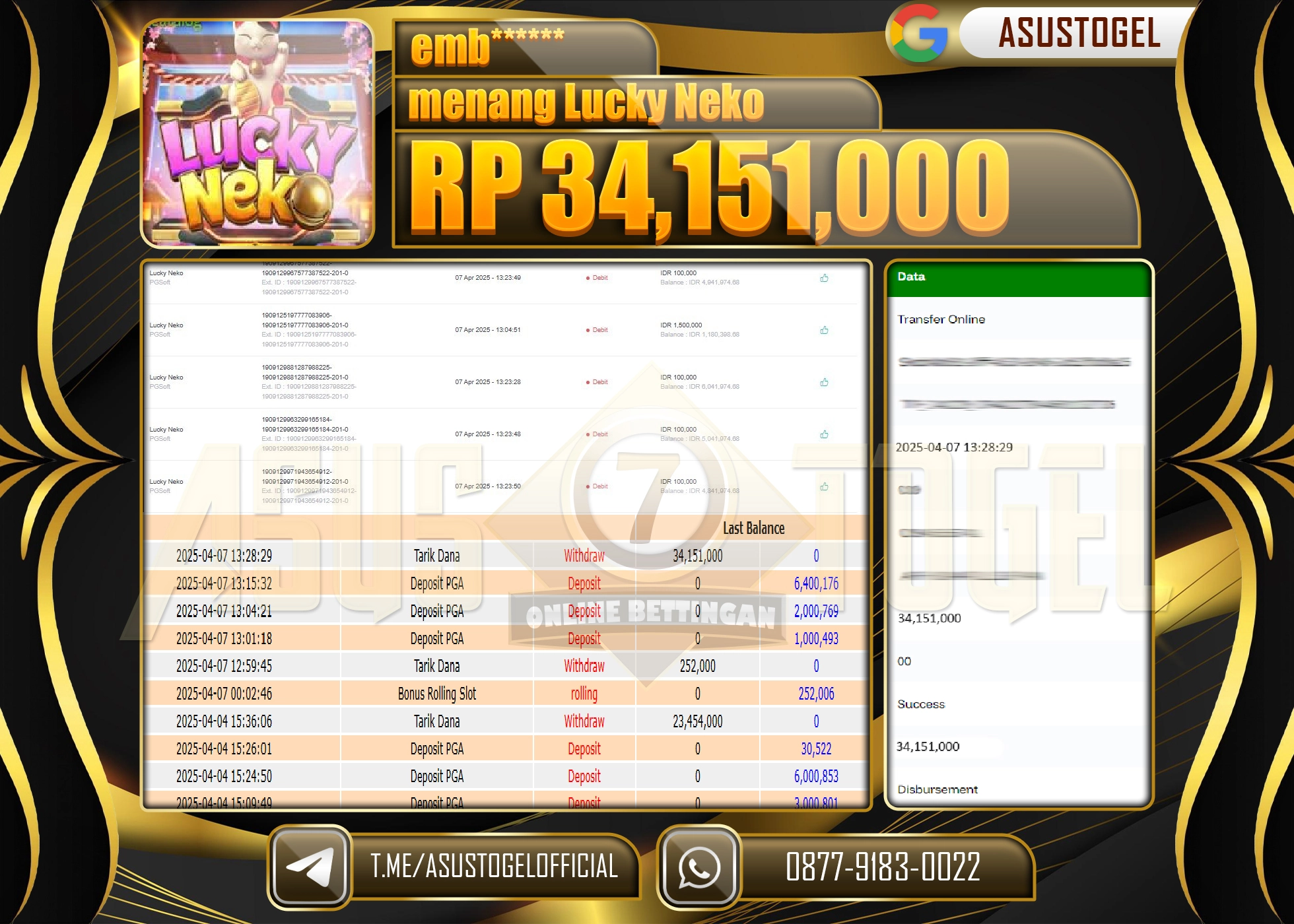 ASUSTOGEL KEMENANGAN DI SLOT LUCKY NEKO SEBESAR 34,151,000- RUPIAH LUNAS