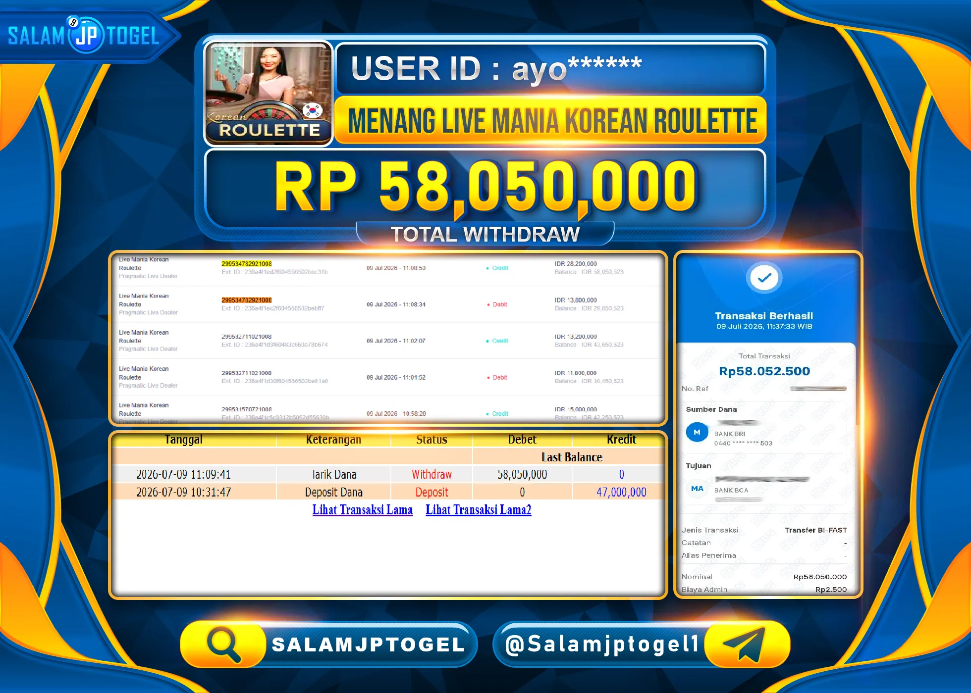 SALAMJPTOGEL JACKPOT MENANG LIVE MANIA KOREAN ROULETTE Rp.58,050,000 - LUNAS