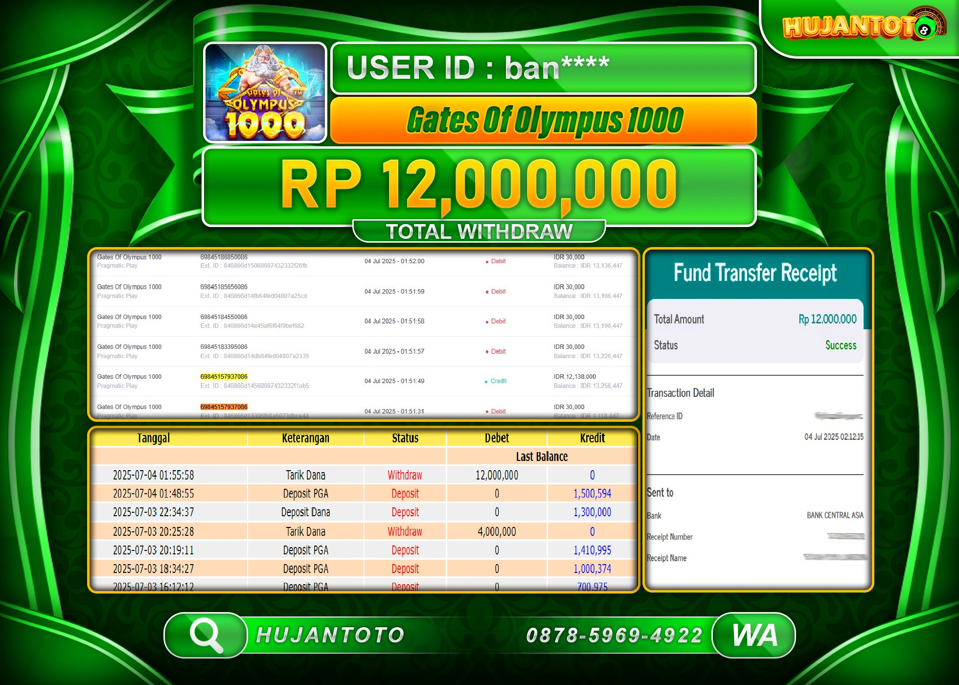 HUJANTOTO - BUKTI JACKPOT MENANG SLOT GATES OF OLYMPUS 1000 Rp.12,000,000 - TERBAYAR LUNAS