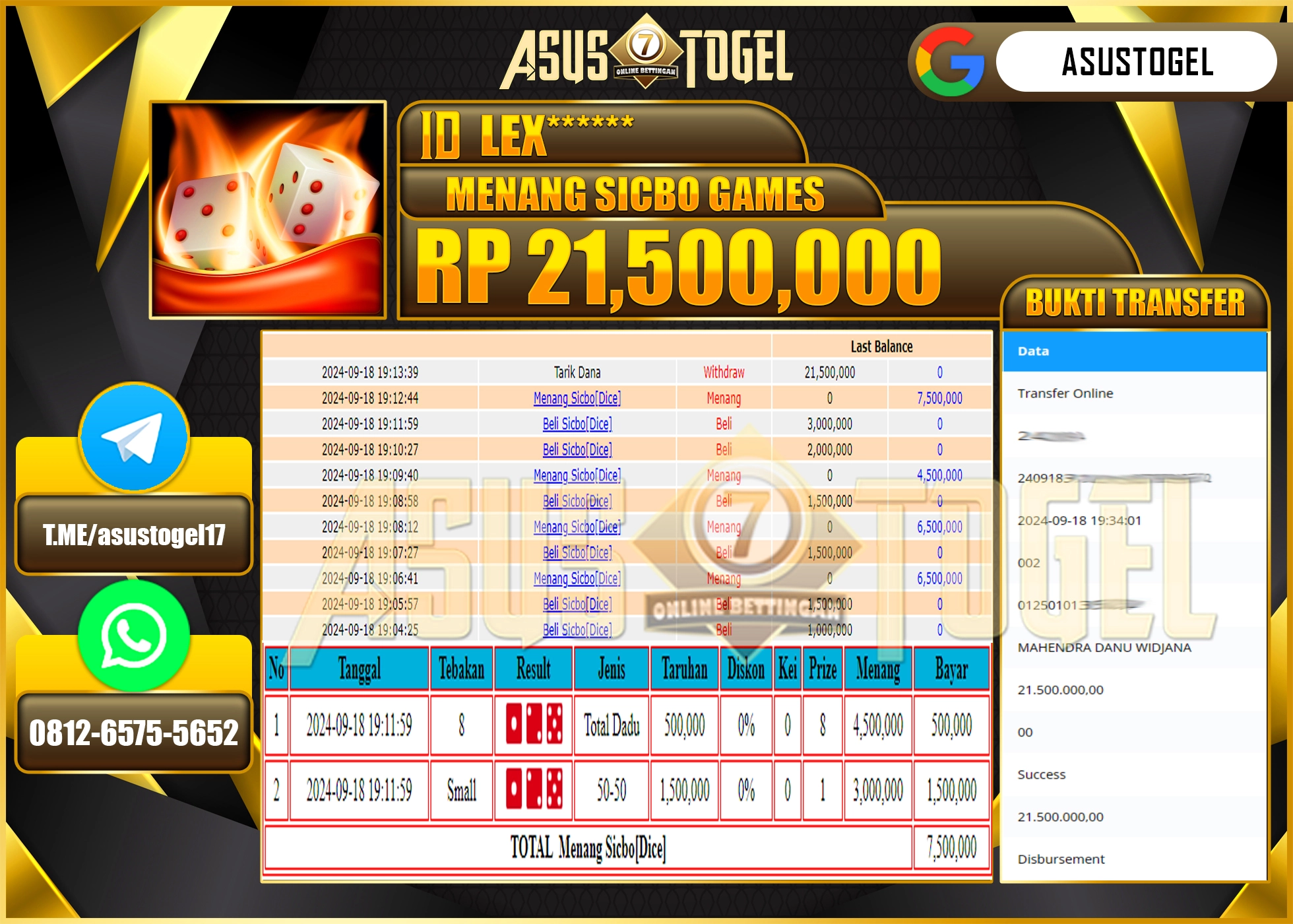 ASUSTOGEL  KEMENANGAN ATAS  DI MENANG SICBO GAMES   21,500,000- RUPIAH LUNAS