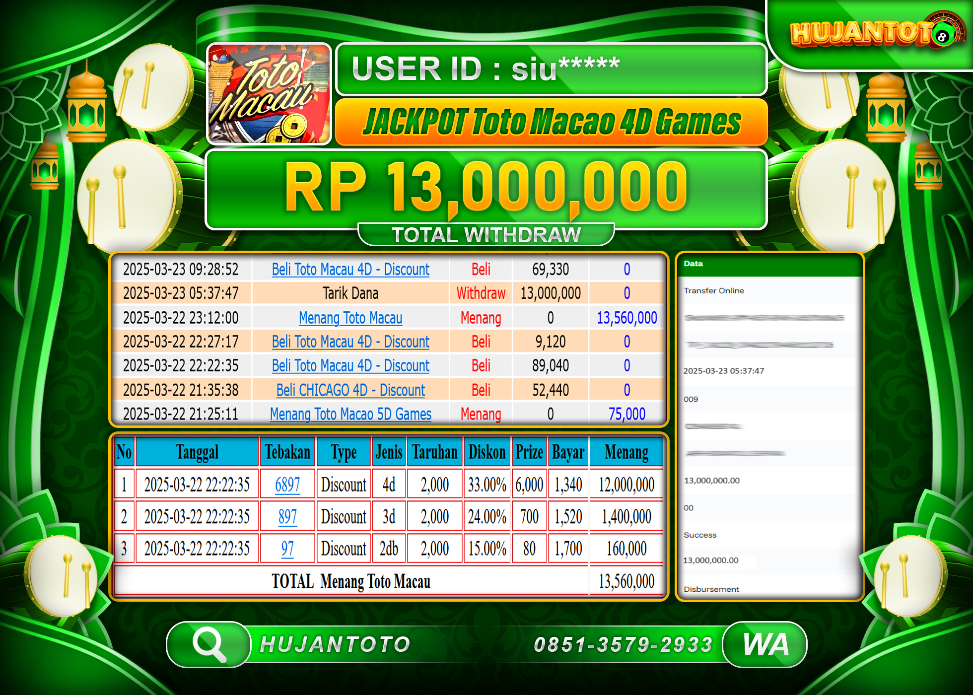 HUJANTOTO - BUKTI JACKPOT MENANG DI TOTO MACAU 4D GAMES Rp,13,000,000- TERBAYAR LUNAS