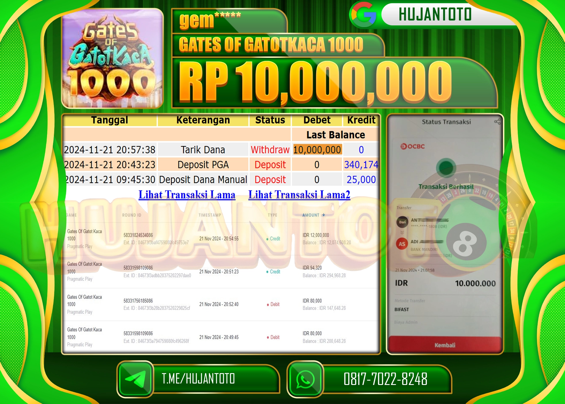 HUJANTOTO KEMENANGAN BESAR DI GATES OF GATOTKACA 1000 SEBESAR  - 10,000,000 - LUNAS
