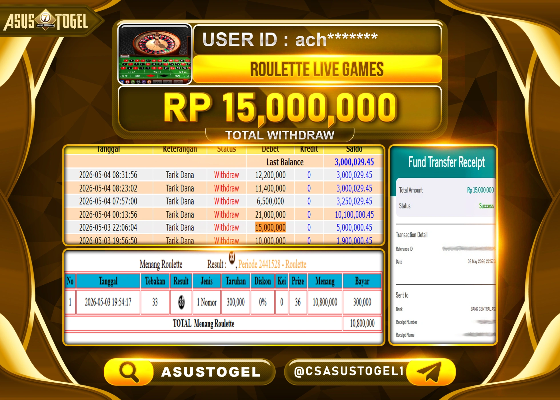 ASUSTOGEL KEMENANGAN JACKPOT DI PERMAINAN ROULETTE LIVE GAMES SEBESAR Rp.15,000,000 - RUPIAH LUNAS