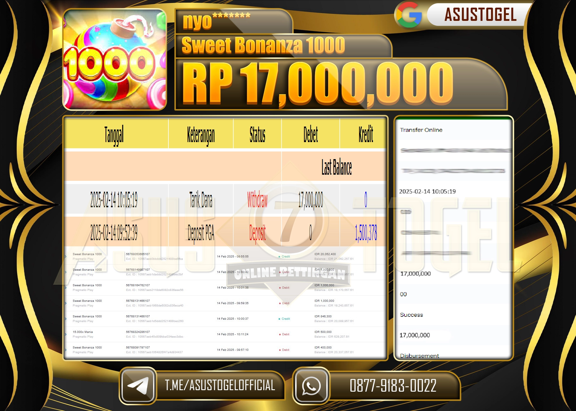 ASUSTOGEL KEMENANGAN DI SWEET BONANZA 1000 SEBESAR 17.000.000 - RUPIAH LUNAS