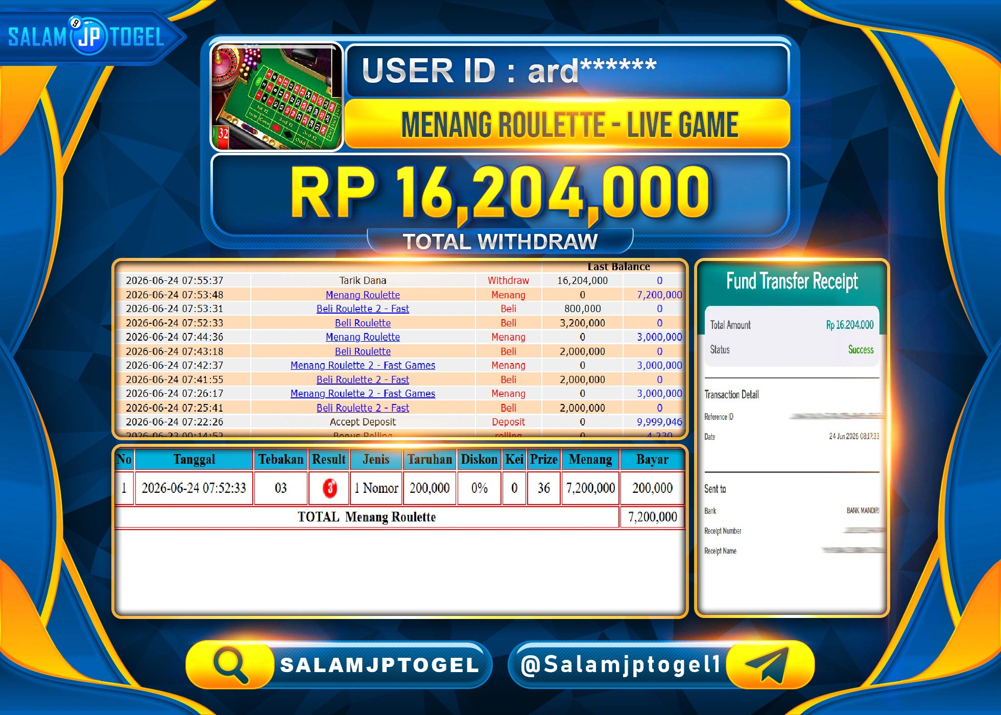 SALAMJPTOGEL JACKPOT MENANG LIVEGAMES ROULETTE GAMES Rp.16,204,000 - LUNAS