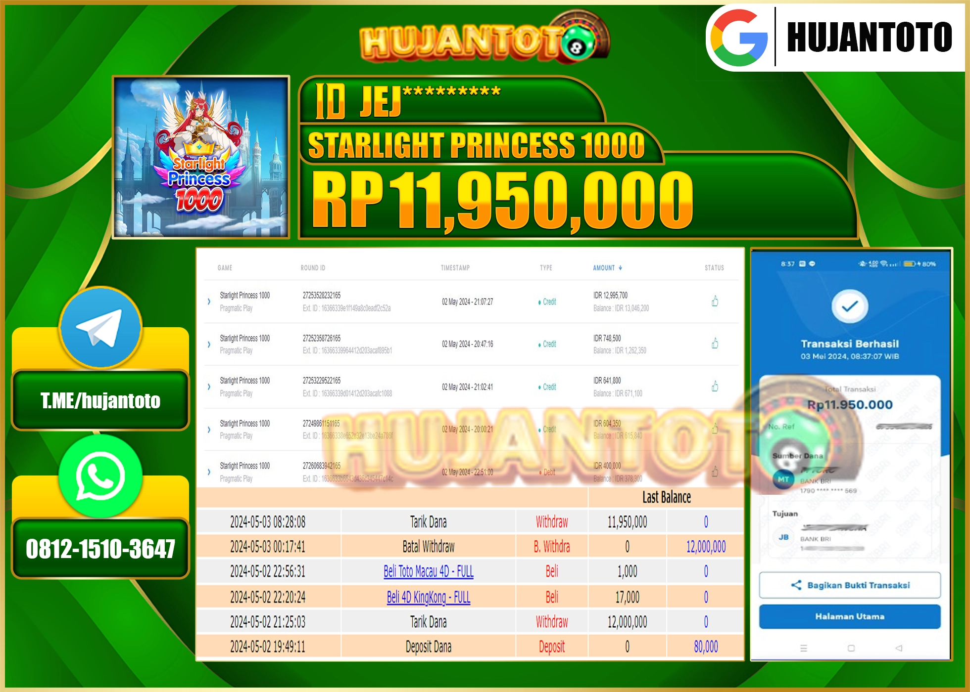 HUJANTOTO MENANG STARLIGHT PRINCESS 1000 , 11.950.000 - LUNAS 