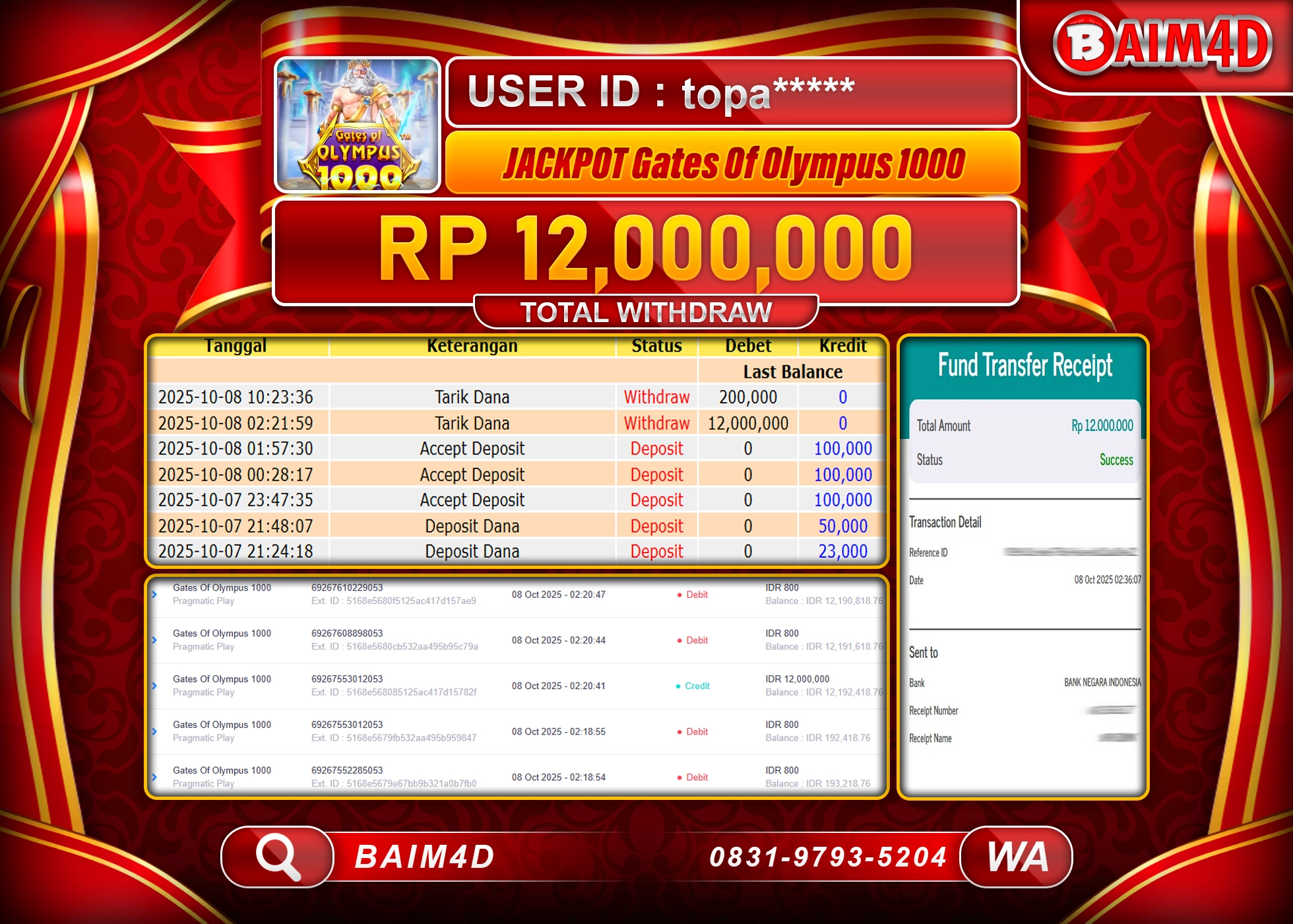 BAIM4D JACKPOT SLOT GATES OF OLYMPUS 1000 Rp.12,000,000.- LUNAS