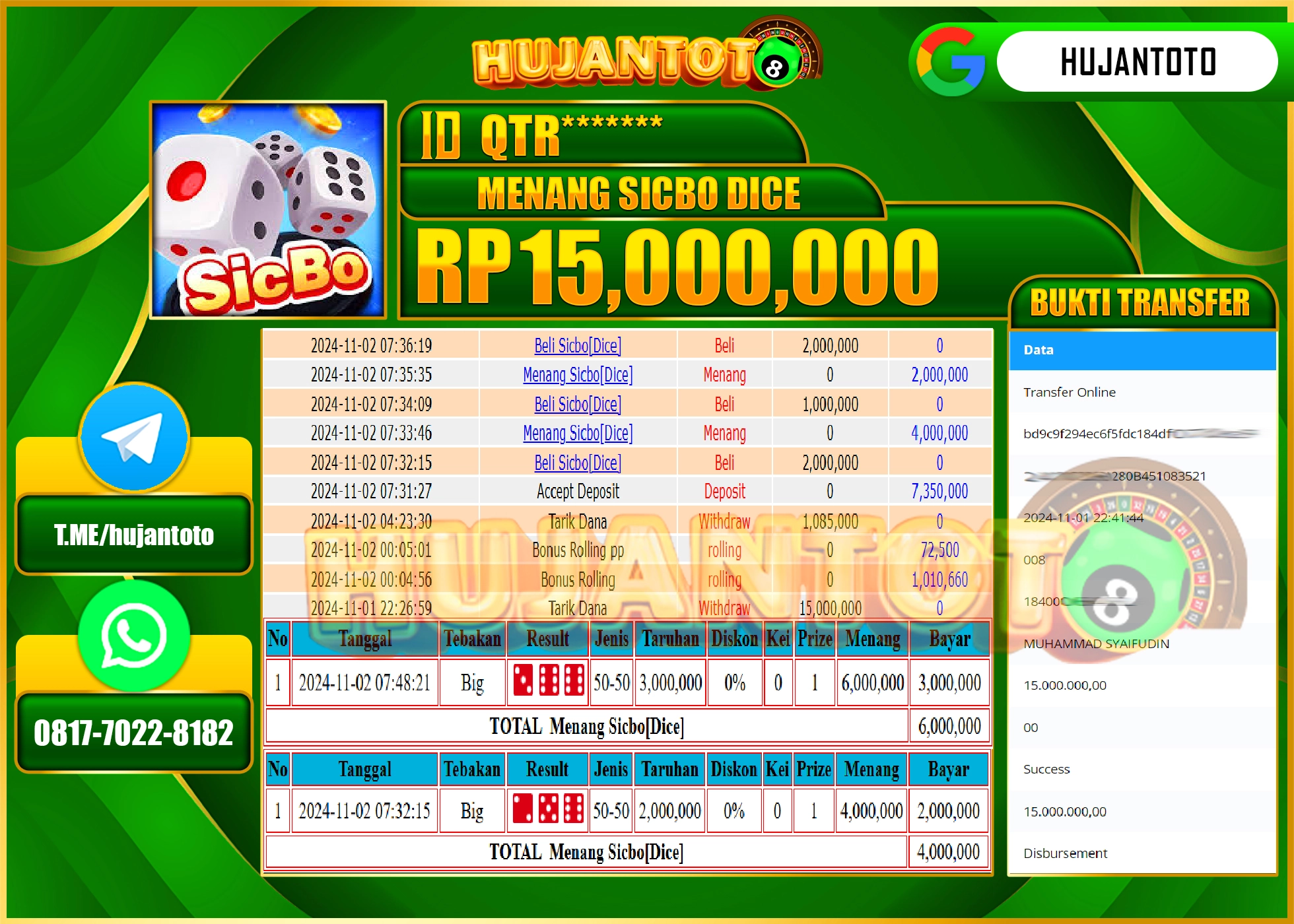 HUJANTOTO MENANG DI PERMAINAN SICBO DICE GAME - 15,000,000 - LUNAS
