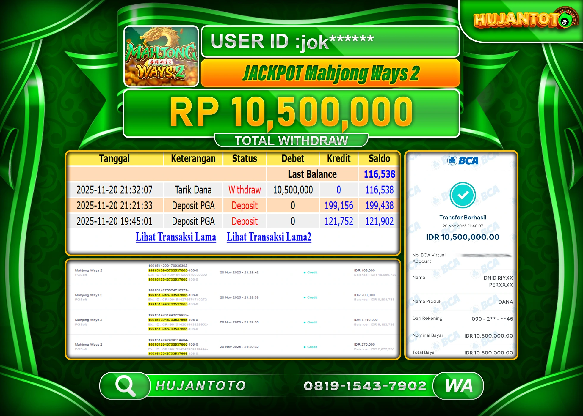 HUJANTOTO - BUKTI JACKPOT MENANG SLOT MAHJONG WAYS 2 - PG SOFT Rp.10,500,000 - TERBAYAR LUNAS