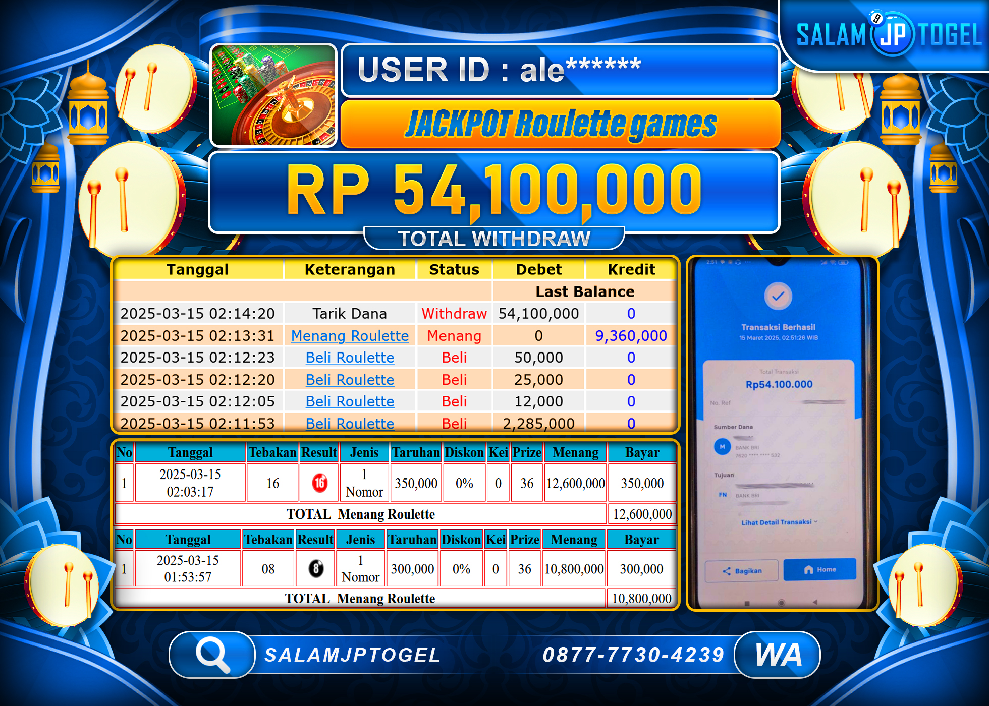 SALAMJPTOGEL MENANG ROULETTE GAMES Rp. 54,100,000 LUNAS