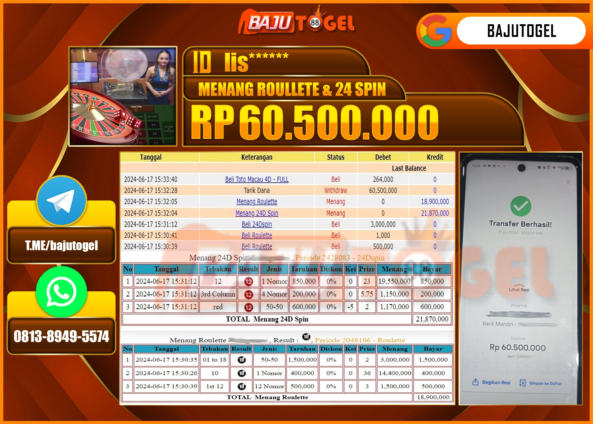  BAJUTOGEL JACKPOT ROULLETE & 24D SPIN Rp.60.500.000 LUNAS