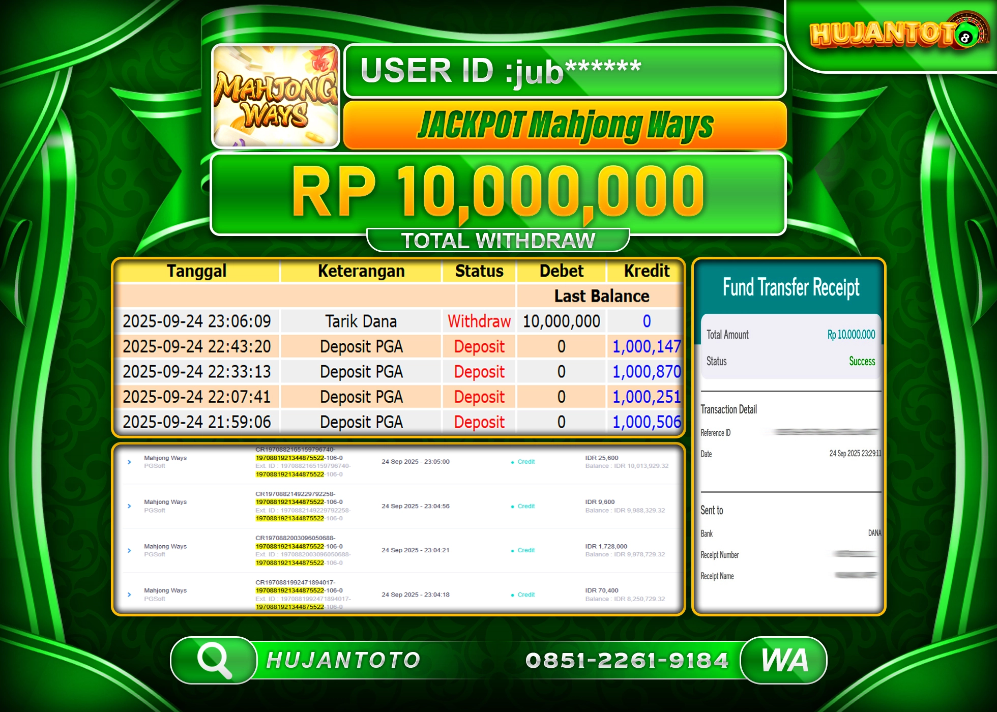 HUJANTOTO - BUKTI JACKPOT MENANG SLOT MAHJONG WAYS Rp.10,000,000 - TERBAYAR LUNAS