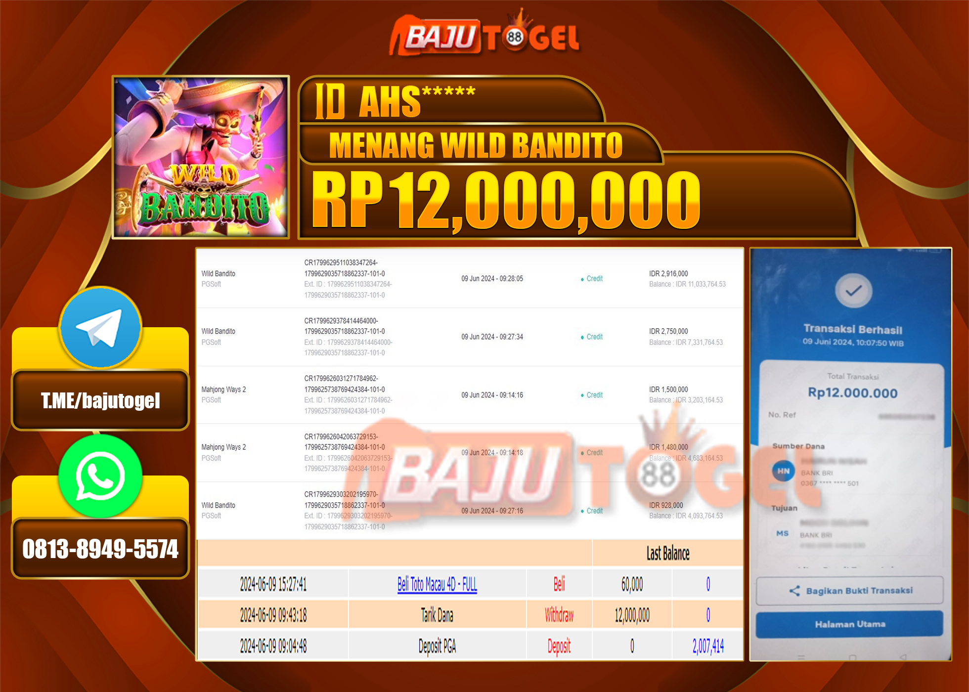 BAJUTOGEL JACKPOT SLOT GAMES WILD BANDITO Rp.12.000.000 LUNAS