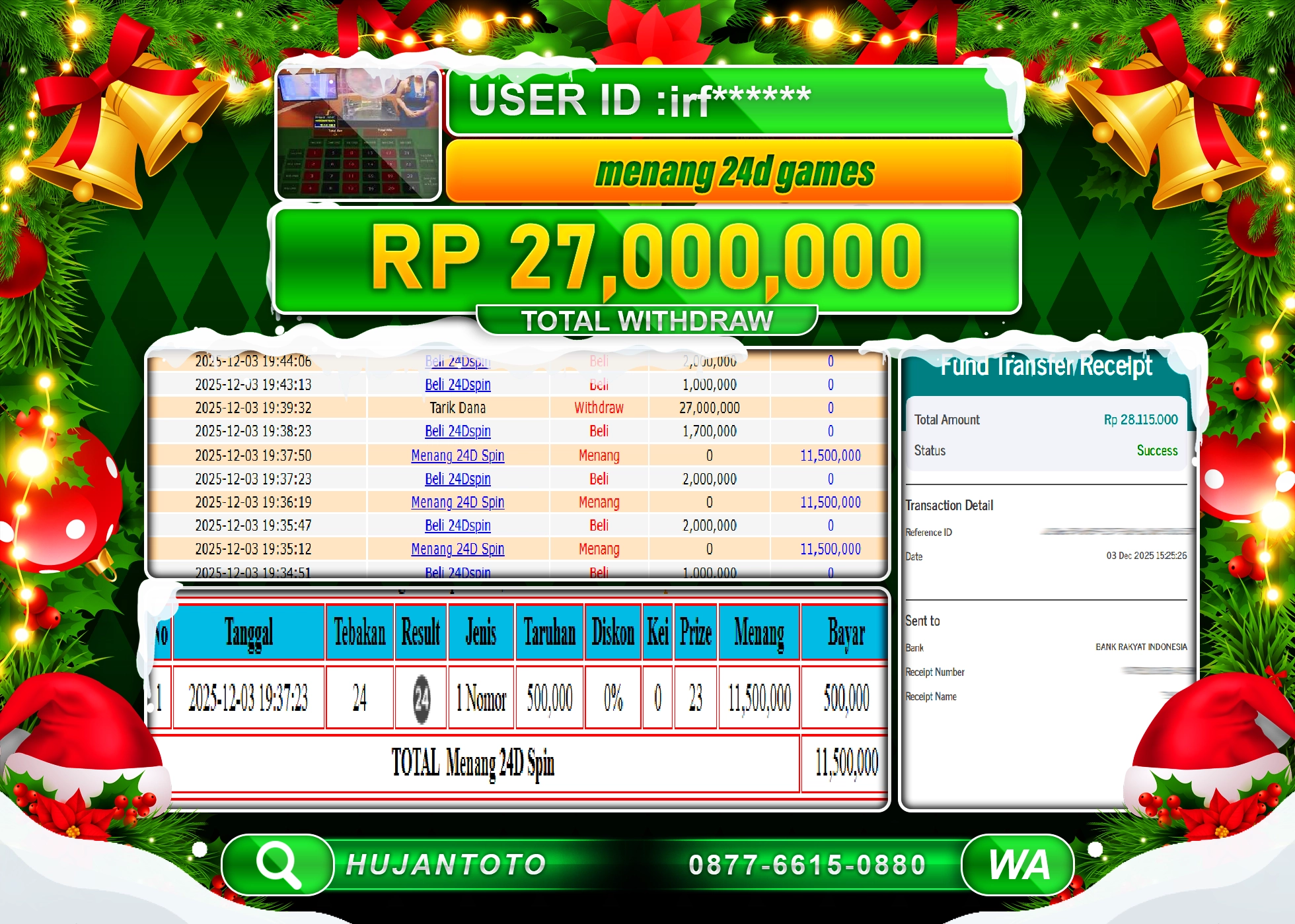 HUJANTOTO - BUKTI JACKPOT MENANG LIVE GAME 24D GAMES Rp.27,000,000 - TERBAYAR LUNAS