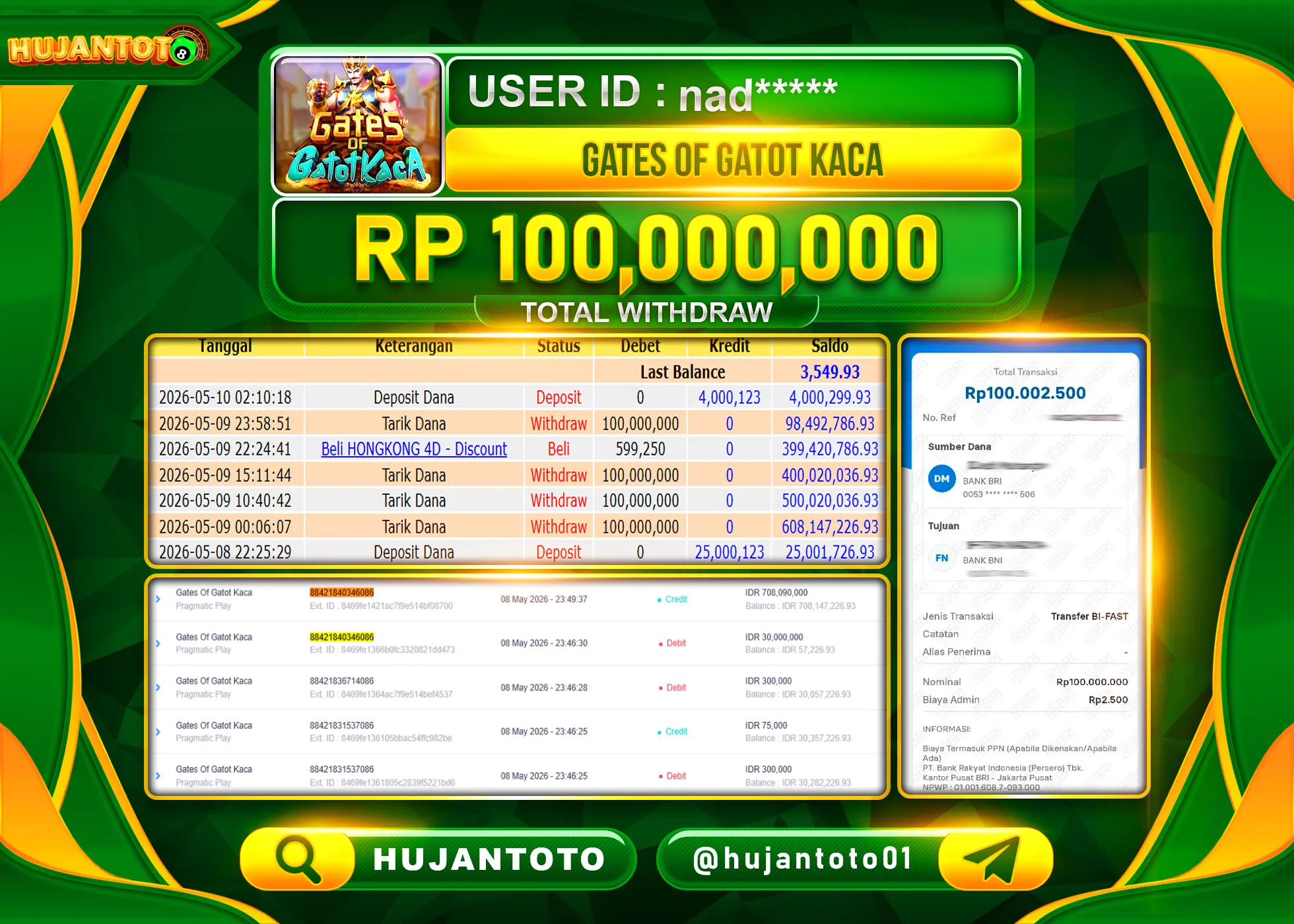 HUJANTOTO - BUKTI JACKPOT MENANG SLOT GATES OF GATOT KACA  Rp.100,000,000 - TERBAYAR LUNAS