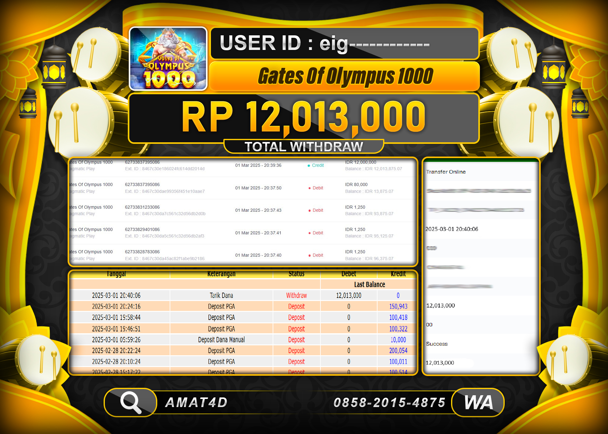 AMAT4D KEMENANGAN GATES OF OLYMPUS 1000 Rp.12.013.000 BERHASIL TERBAYAR LUNAS