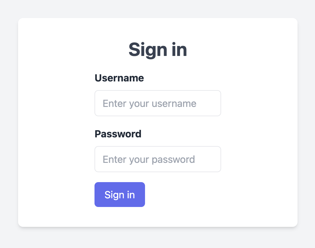 ユーザーネームとパスワードのテキストボックスとSign inと書かれた送信ボタンが並ぶサインインフォーム。フォーム内部は白背景で外枠は角丸になっており薄いシャドウボックスがつけられている。