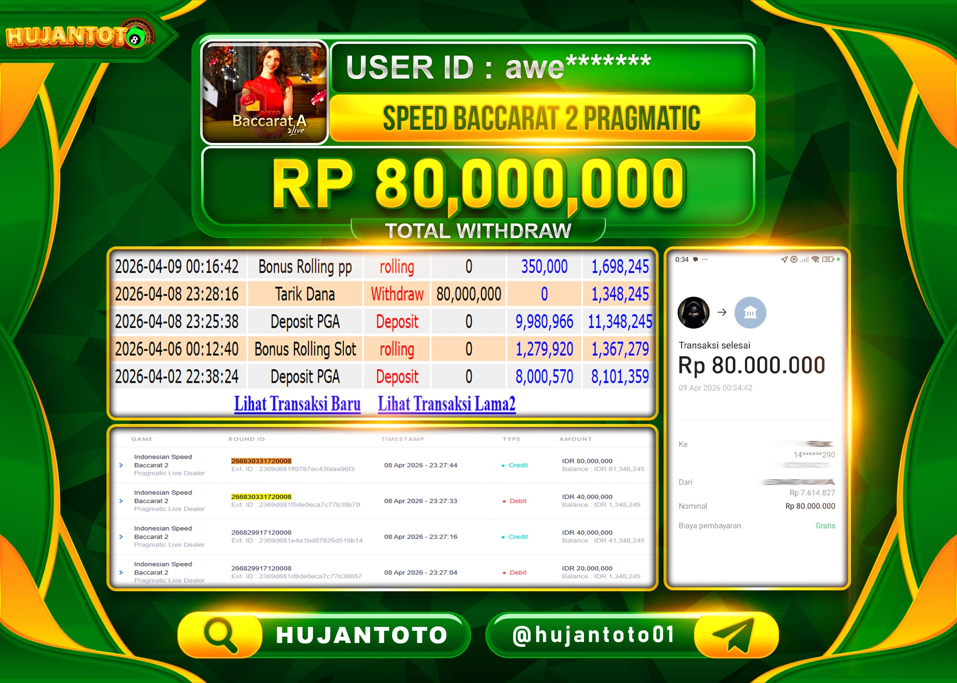 HUJANTOTO - BUKTI JACKPOT MENANG LIVEGAME PP SPEED BACCARAT 2  Rp.80,000,000 - TERBAYAR LUNAS