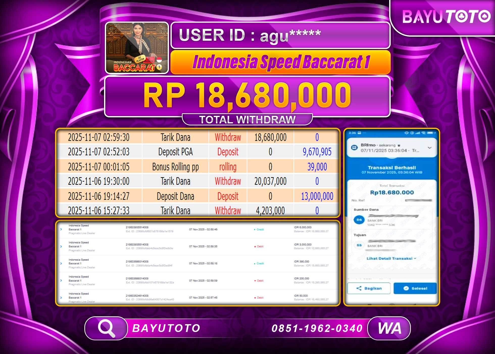 MEMBER BAYUTOTO JACKPOT DI INDONESIA SPEED BACCARAT 1 Rp. 18,680,000 LUNAS