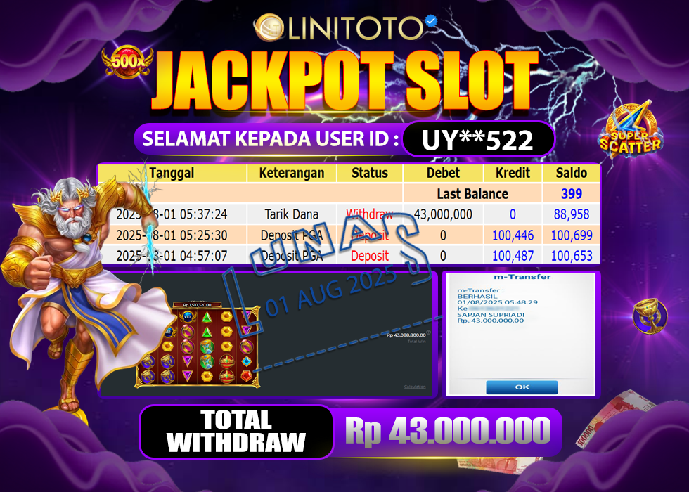 LINITOTO JACKPOT SLOT GATES OF OLYMPUS SUPER SCATTER Rp.43.000.000,- LUNAS