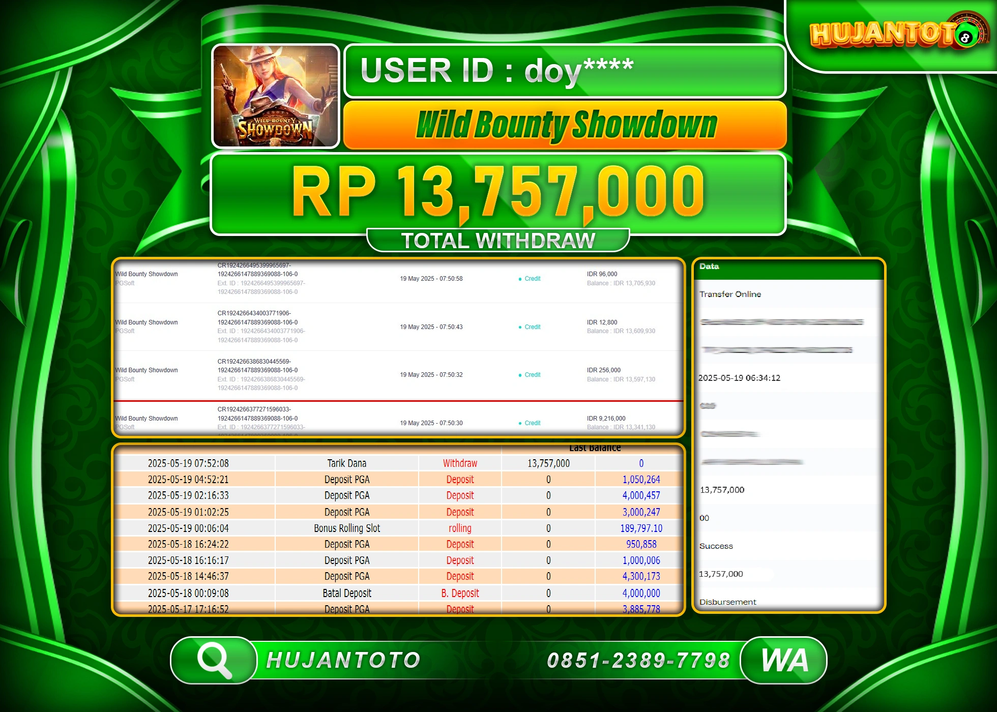 HUJANTOTO - BUKTI JACKPOT MENANG SLOT WILD BOUNTY SHOWDOWN Rp,13,757,000 - TERBAYAR LUNAS