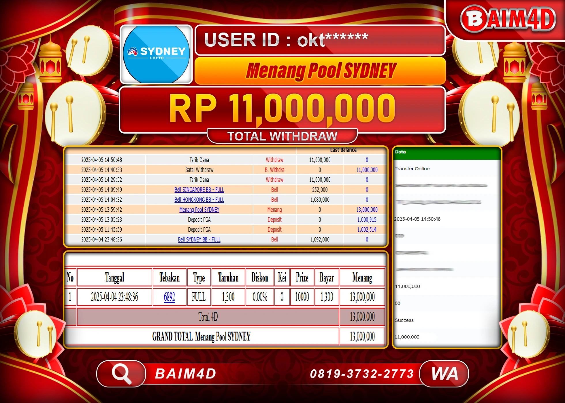BAIM4D  MENANG TOGEL SYDNEY LOTTO  Rp.11.000,000.- LUNAS