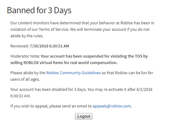 Roblox Banned Me For Usd Selling - roblox appeals