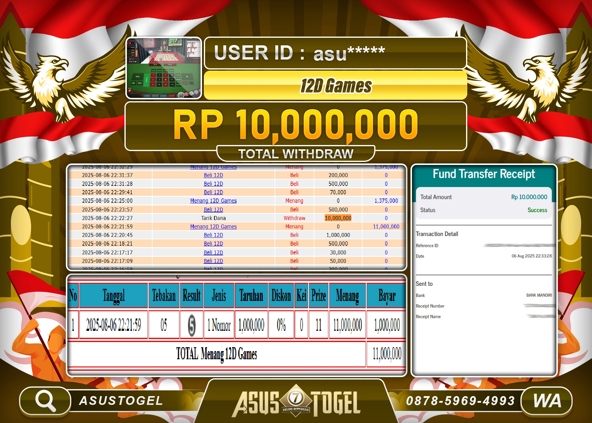 ASUSTOGEL KEMENANGAN DI LIVEGAME 24D SPIN GAMES SEBESAR 10,000,000- RUPIAH LUNAS