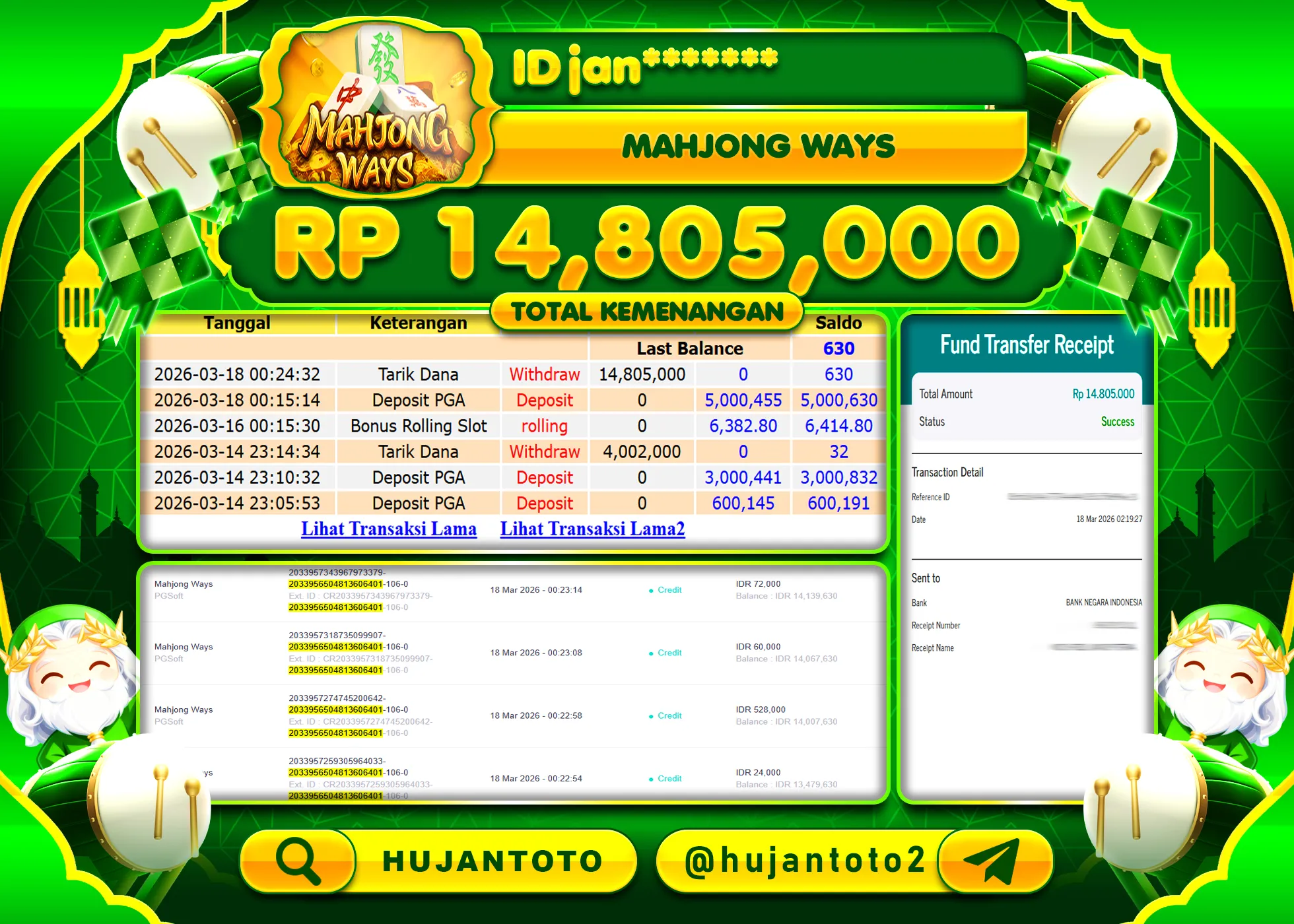 HUJANTOTO - BUKTI JACKPOT MENANG SLOT MAHJONG WAYS Rp.14,805,000 - TERBAYAR LUNAS