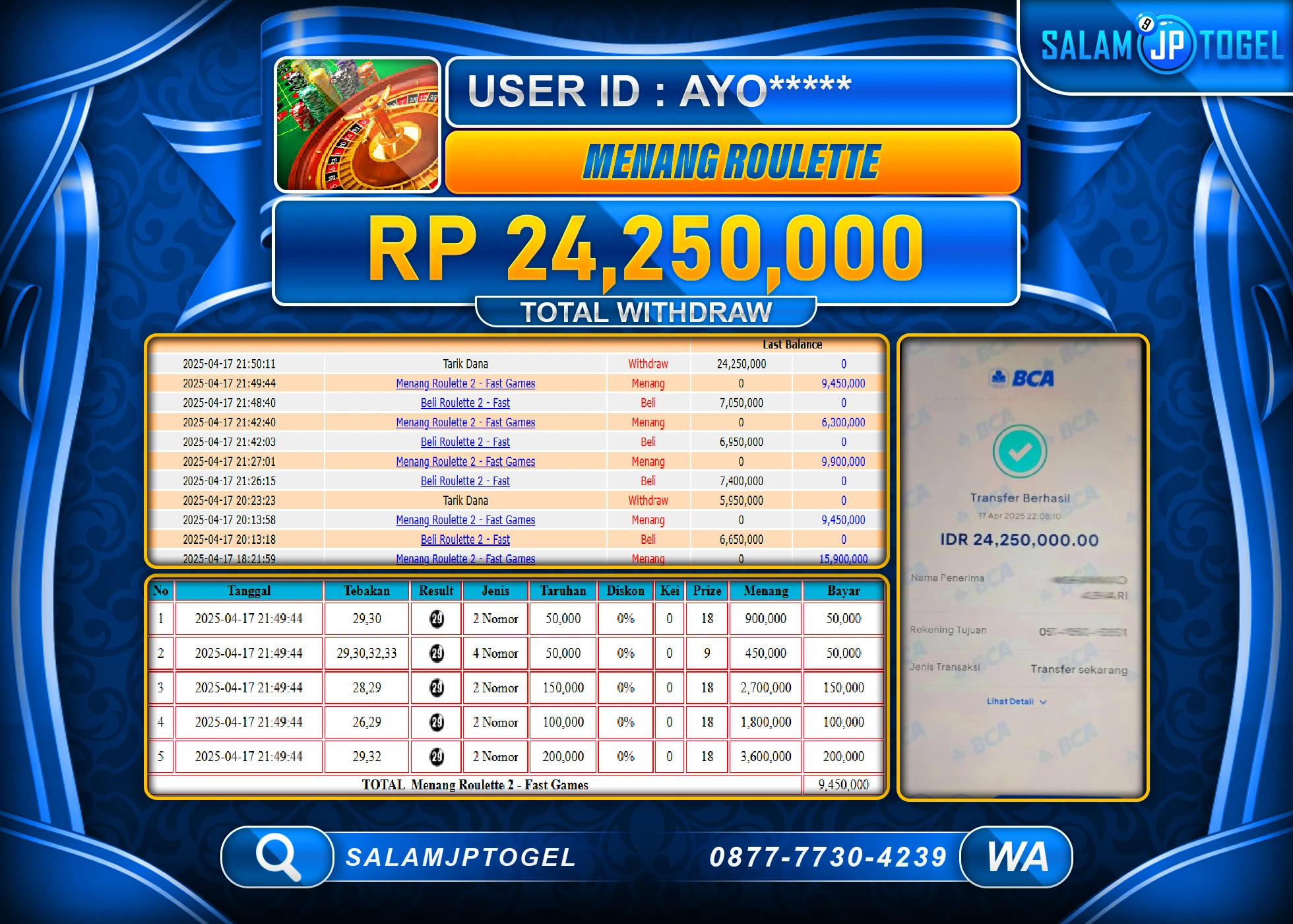 SALAMJPTOGEL MENANG ROULETTE GAMES Rp. 24,250,000 LUNAS