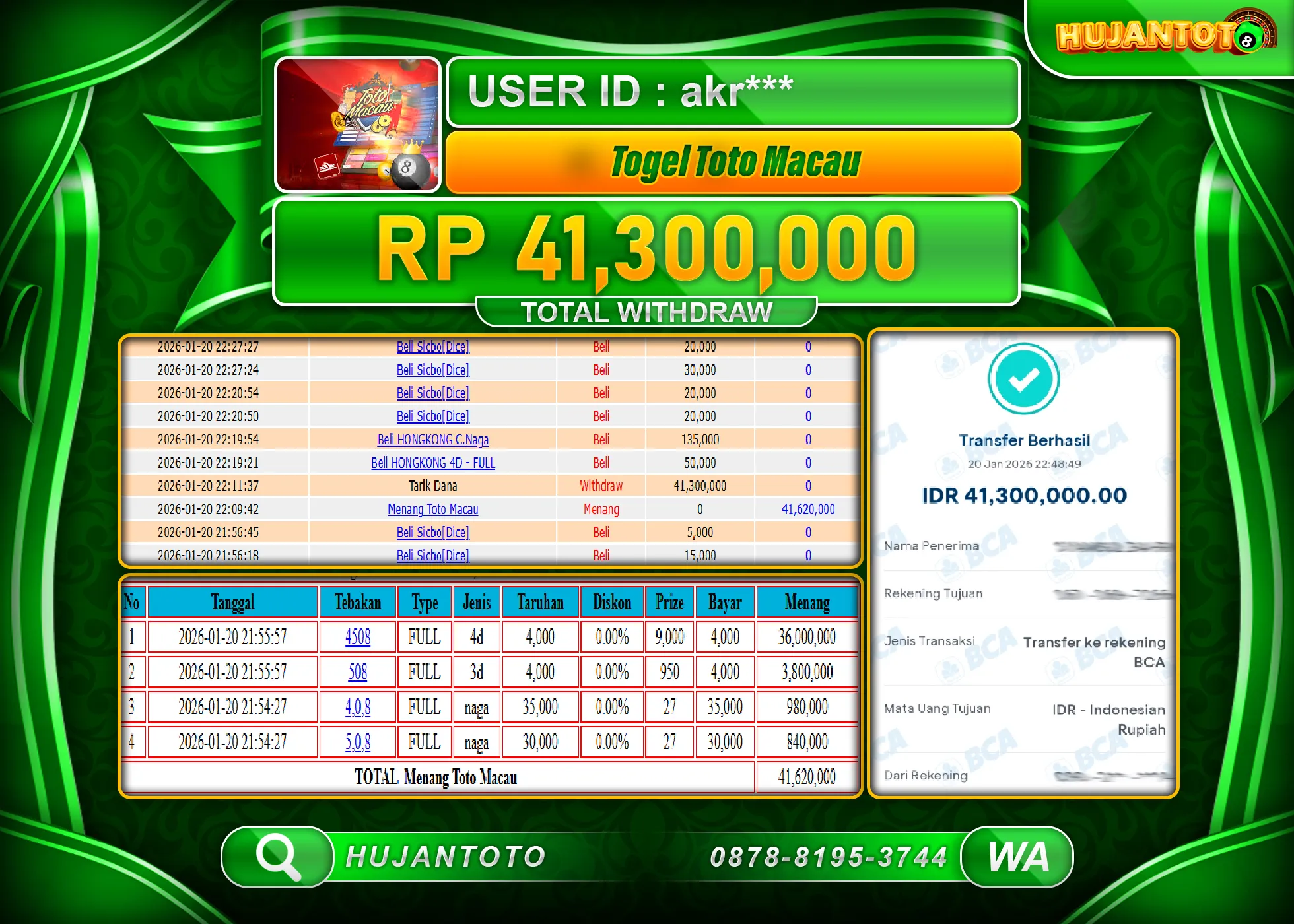 HUJANTOTO - BUKTI JACKPOT MENANG TOGEL TOTO MACAU 4D Rp.41,300,000 - TERBAYAR LUNAS