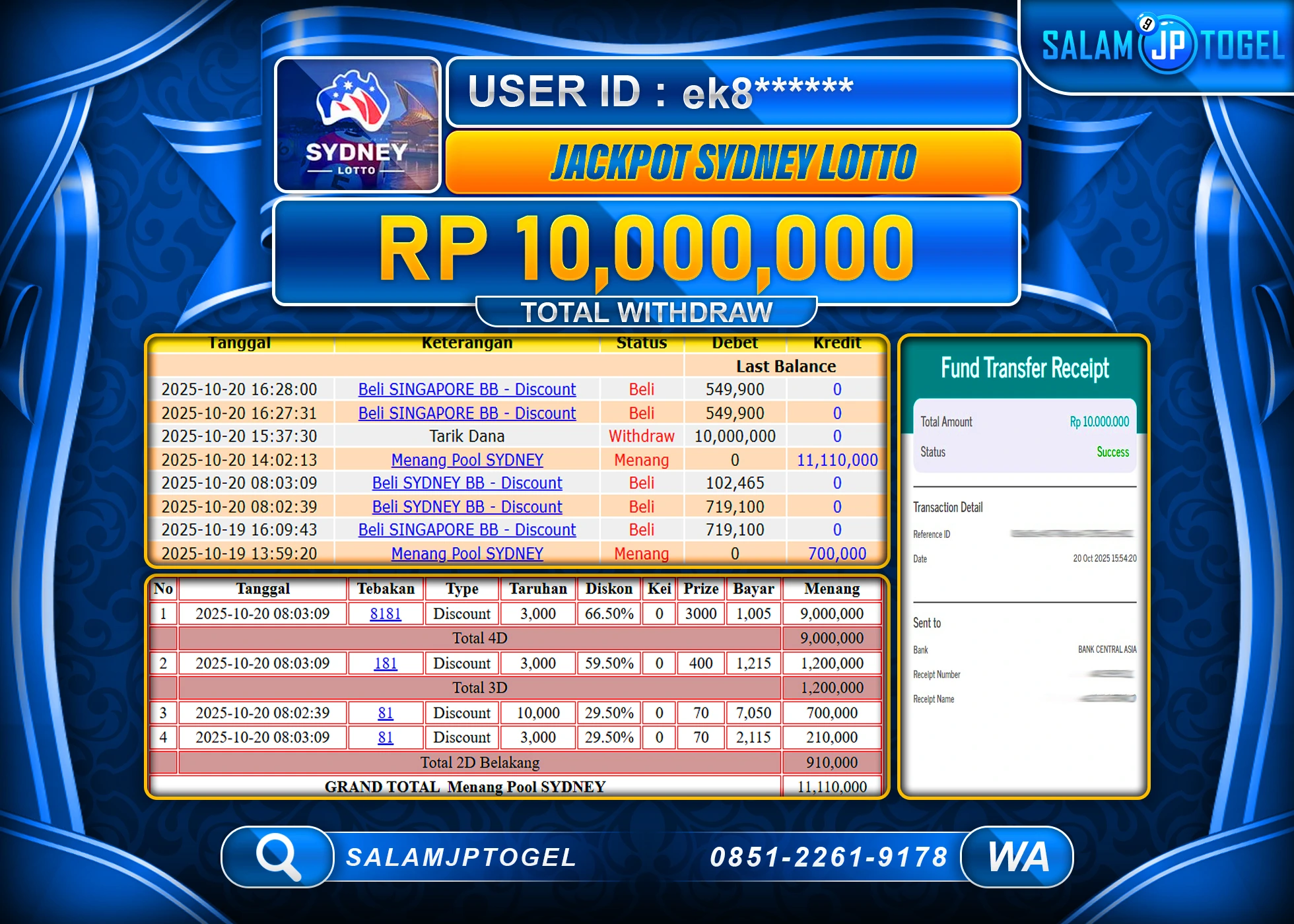 SALAMJPTOGEL MENANG TOGEL SYDNEY LOTTO Rp.10,000,000 - LUNAS