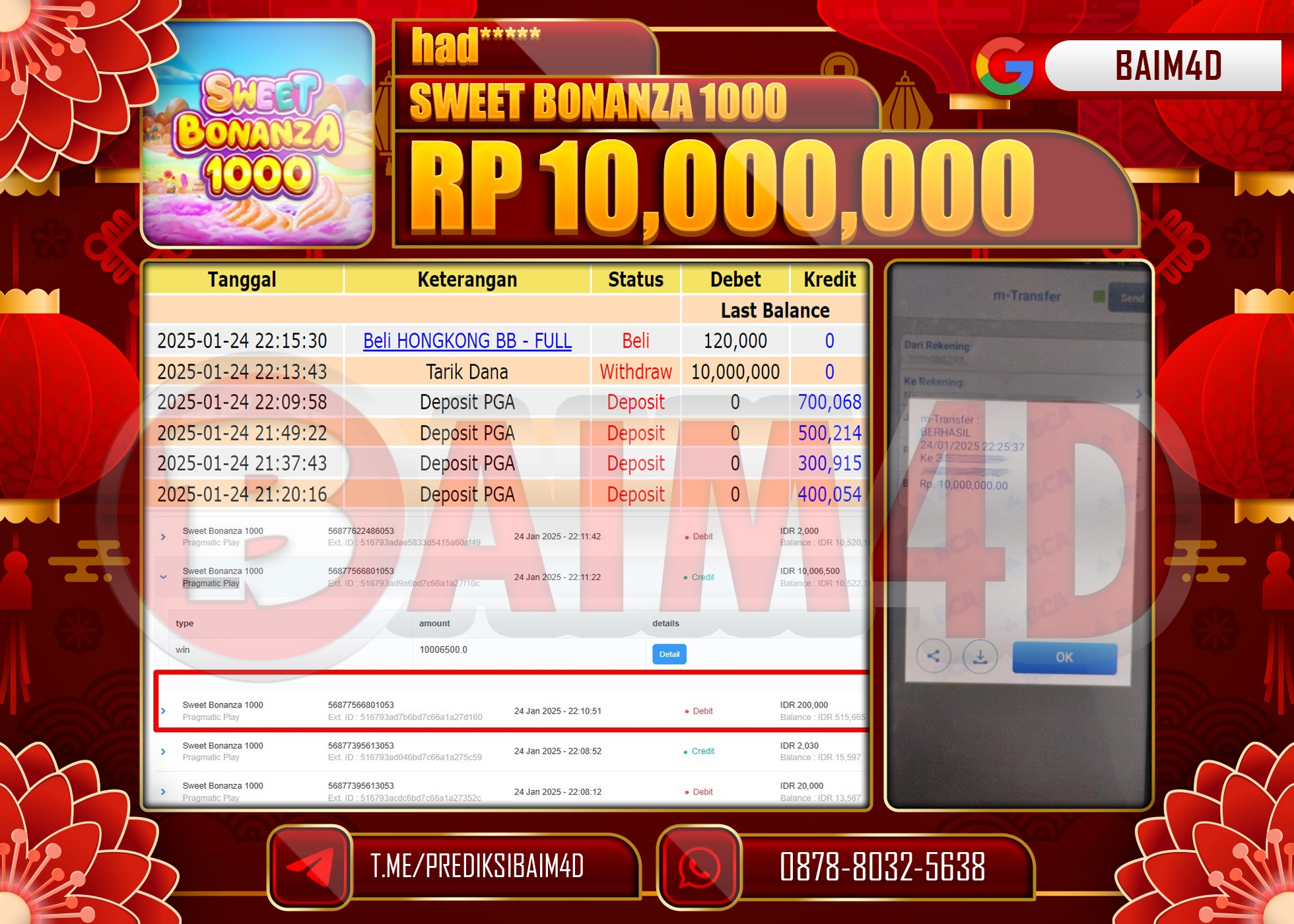 BAIM4D JACKPOT SWEET BONANZA 1000 Pragmatic Play Rp.10.000,000.- LUNAS