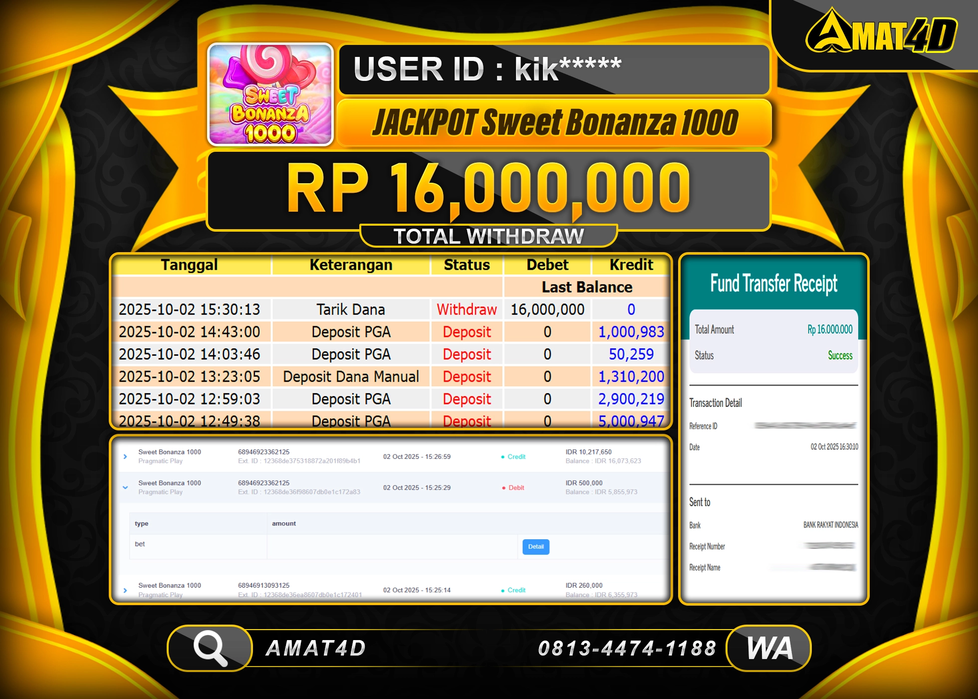 AMAT4D KEMENANGAN JACKPOT SWEET BONANZA 1000 Rp.16.000.000 BERHASIL TERBAYAR LUNAS