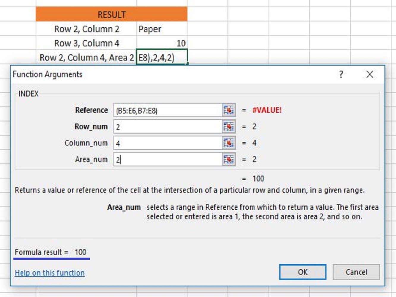 Screenshot of the excel index function reference type