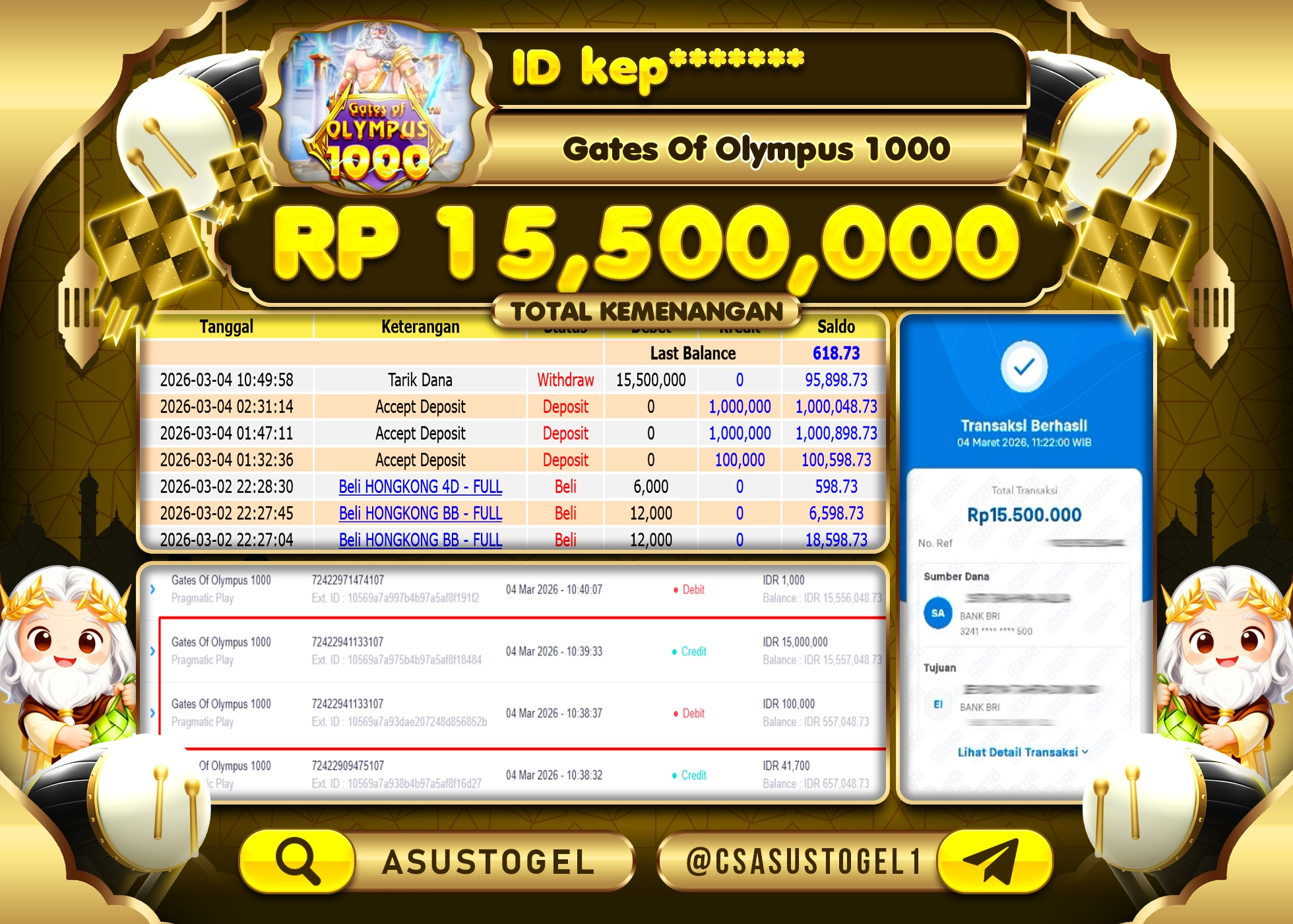 ASUSTOGEL KEMENANGAN DI SLOT GATES OF OLYMPUS 1000 SEBESAR 15,500,000 - RUPIAH LUNAS