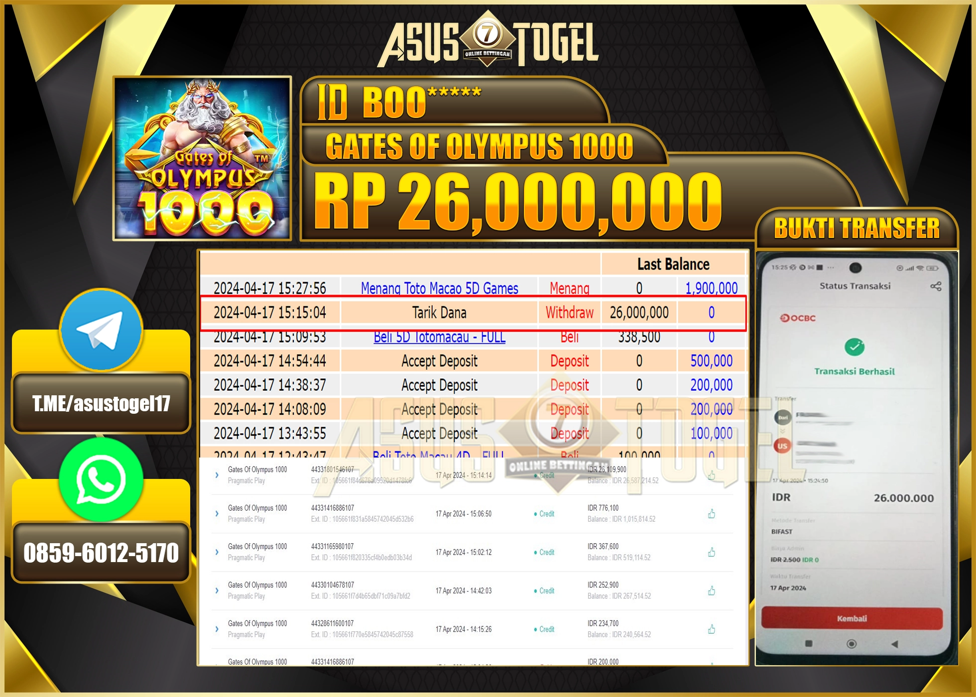 ASUSTOGEL KEMENANGAN BESAR GATES OF OLYMPUS 1000  26.000.000 BERHASIL TERBAYAR LUNAS