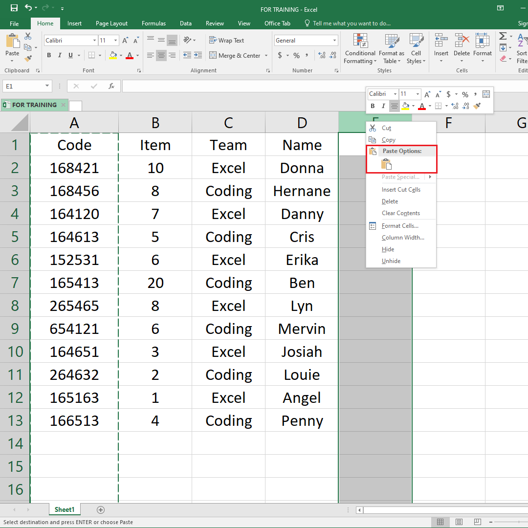 Move column example by copying and pasting column data
