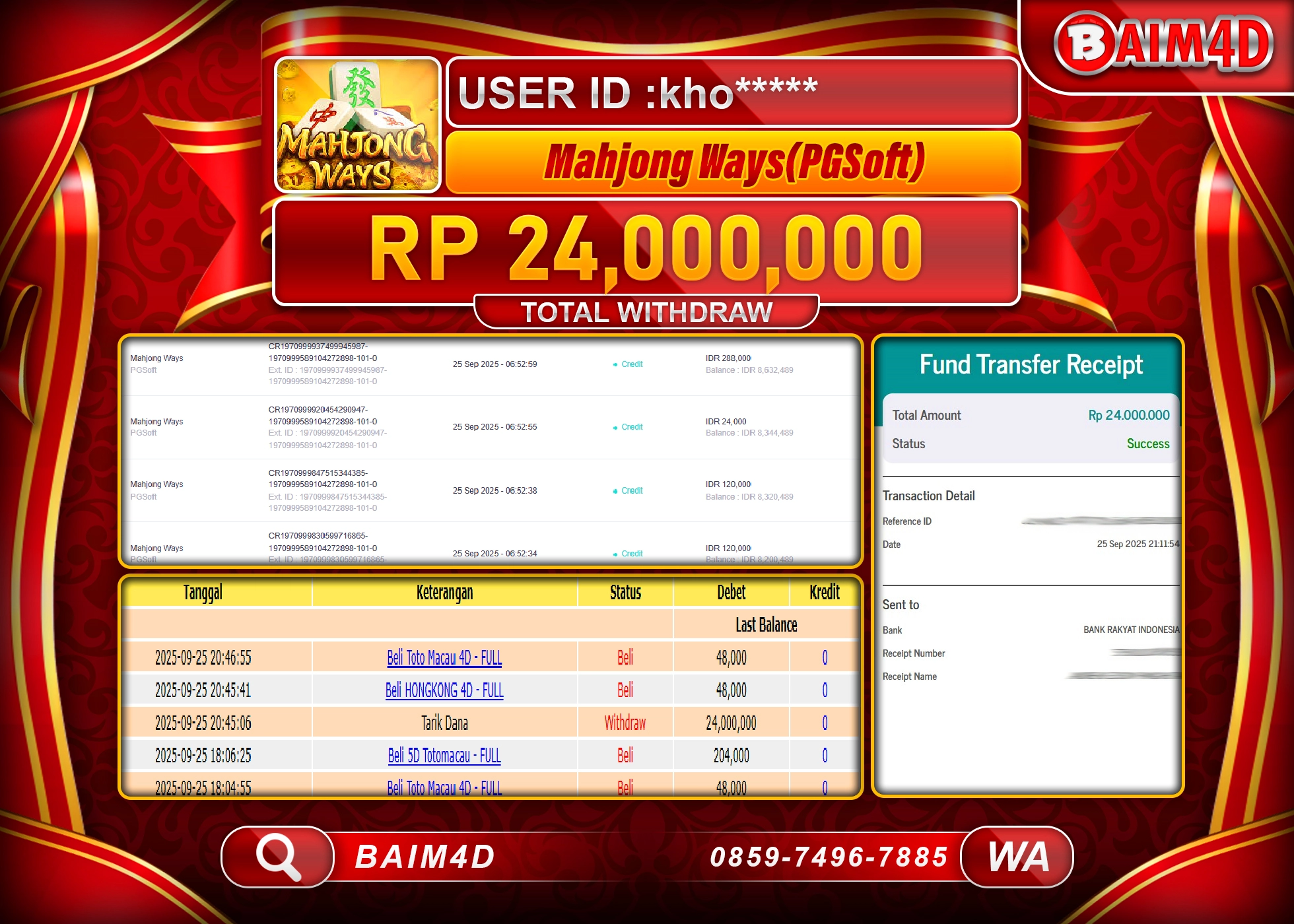 BAIM4D JACKPOT SLOT MAHJONG WAYS PG SOFT Rp.24,000,000.- LUNAS