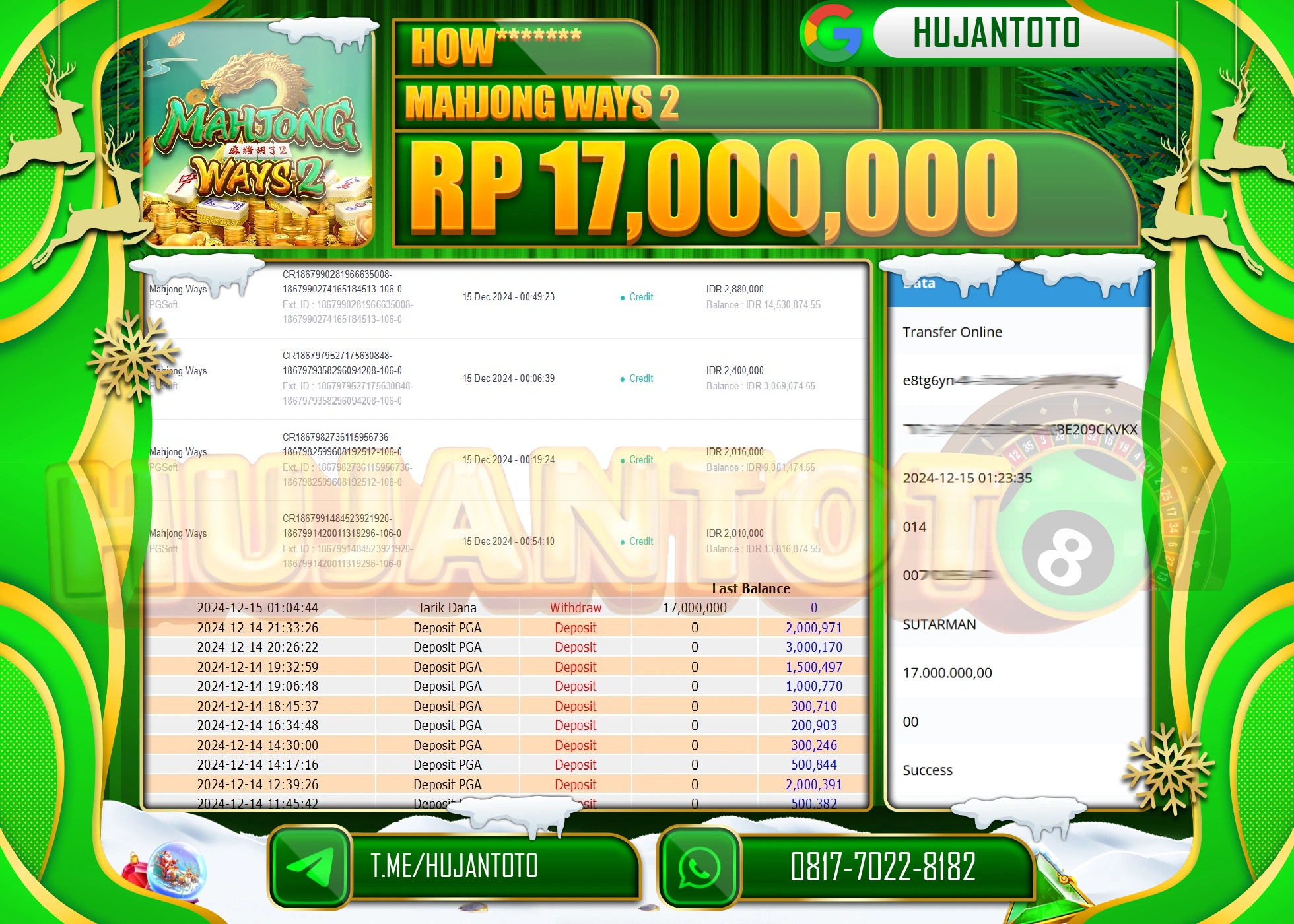 HUJANTOTO ATAS KEMENANGAN BESAR YANG DI RAIH DI PERMAINA MAHJONG WAYS 2 - 17,000,000 - TERBAYAR LUNAS