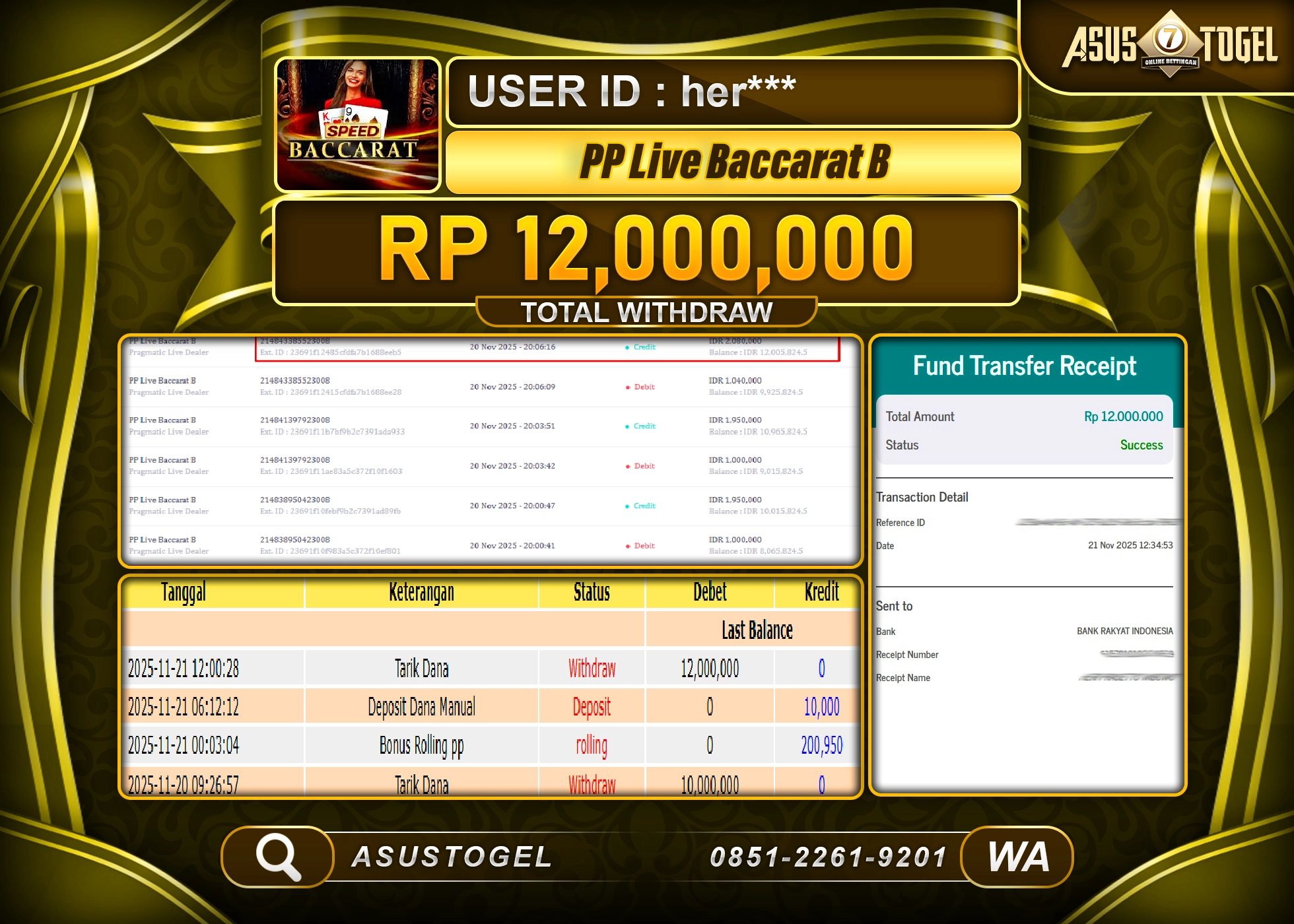 ASUSTOGEL KEMENANGAN DI LIVE GAMES PP BACCARAT B SEBESAR 12,000,000 - RUPIAH LUNAS