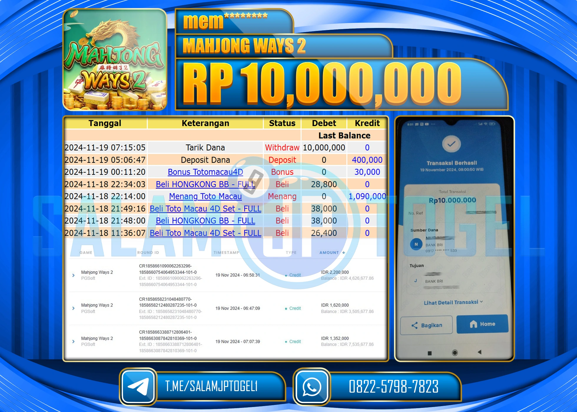 SALAMJPTOGEL MENANG SLOT MAHJONG WAYS 2  RP. 10,000,000 LUNAS