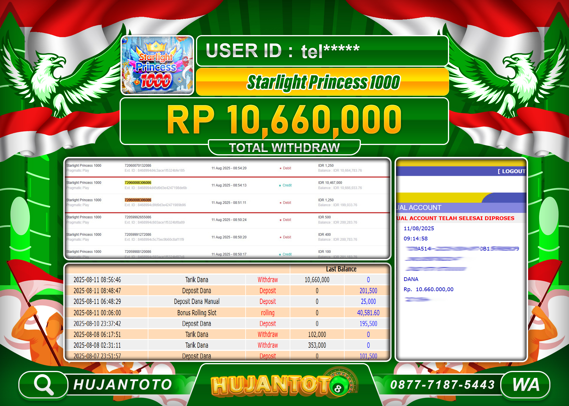 HUJANTOTO - BUKTI JACKPOT MENANG SLOT STARLIGHT PRINCES 1000 Rp.10,660,000 - TERBAYAR LUNAS