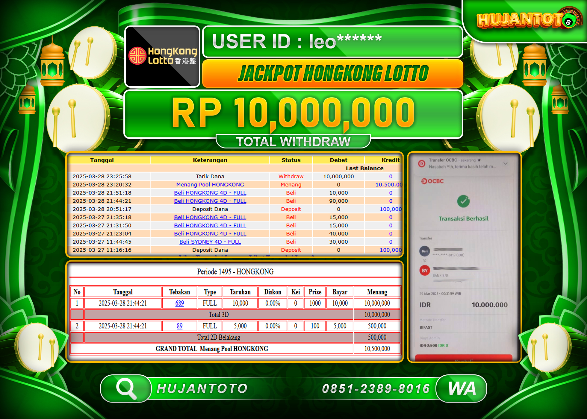 HUJANTOTO - BUKTI JACKPOT MENANG TOGEL HONGKONG LOTTO Rp,10,000,000 - TERBAYAR LUNAS