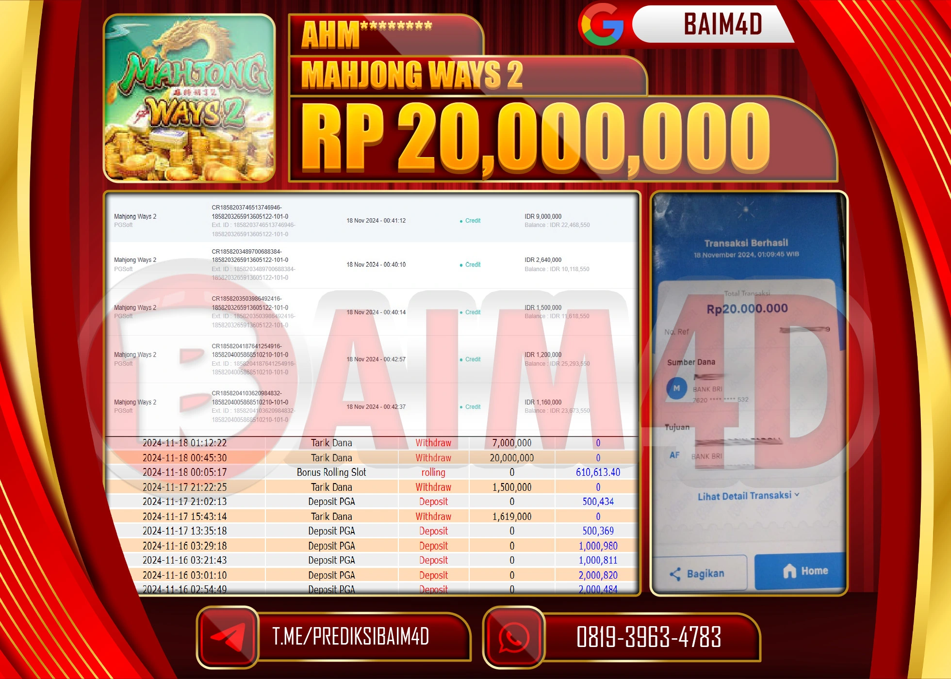 BAIM4D JACKPOT PG SOFT MAHJONG WAYS 2  Rp.20.000,000.- LUNAS