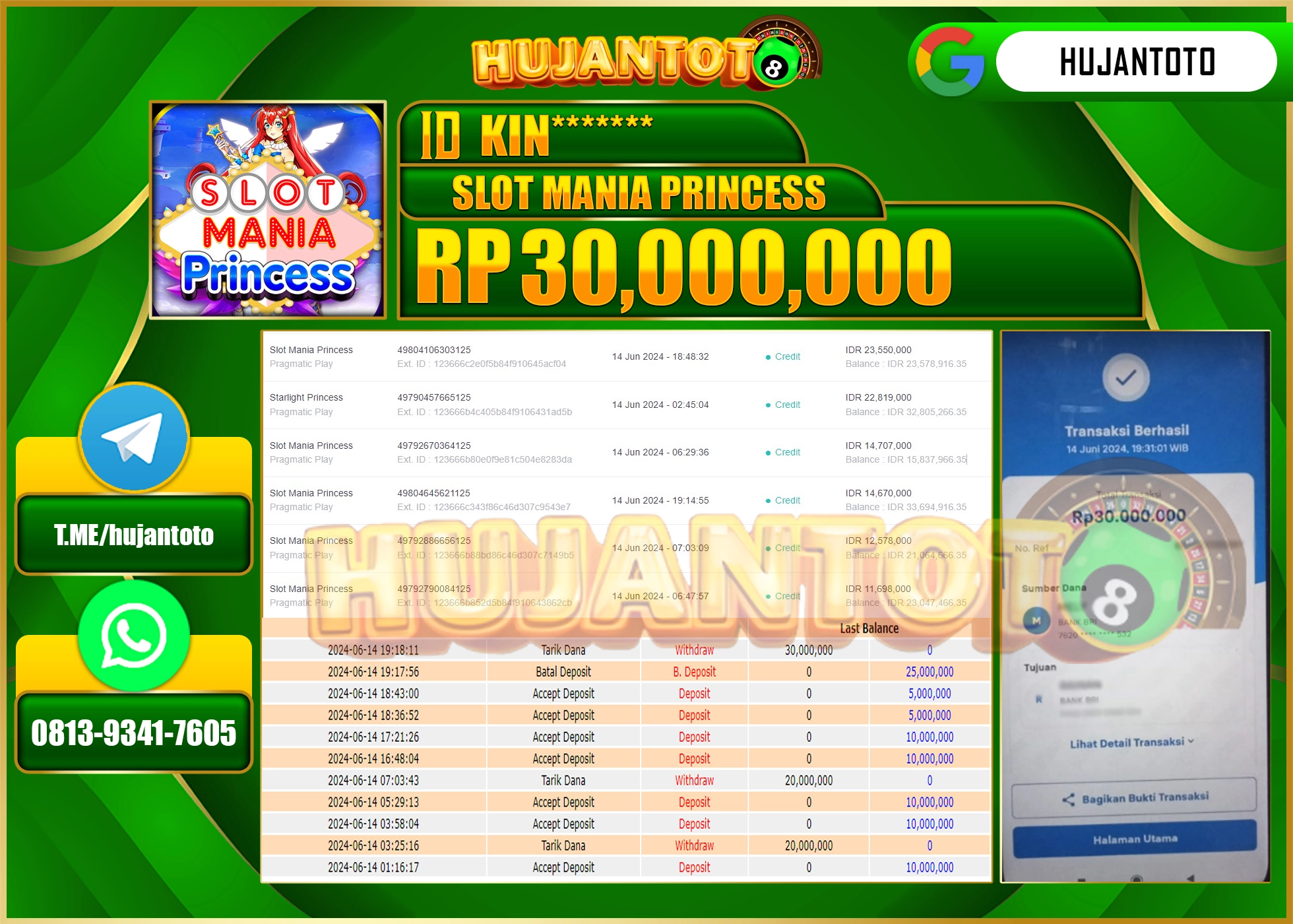 HUJANTOTO MENANG DI SLOT MANIA PRINCESS 30.000.000 - LUNAS 